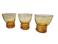 Stunning liqueur set, 2 bottles & six glasses, amber, 1920s Art Deco, Bohemian