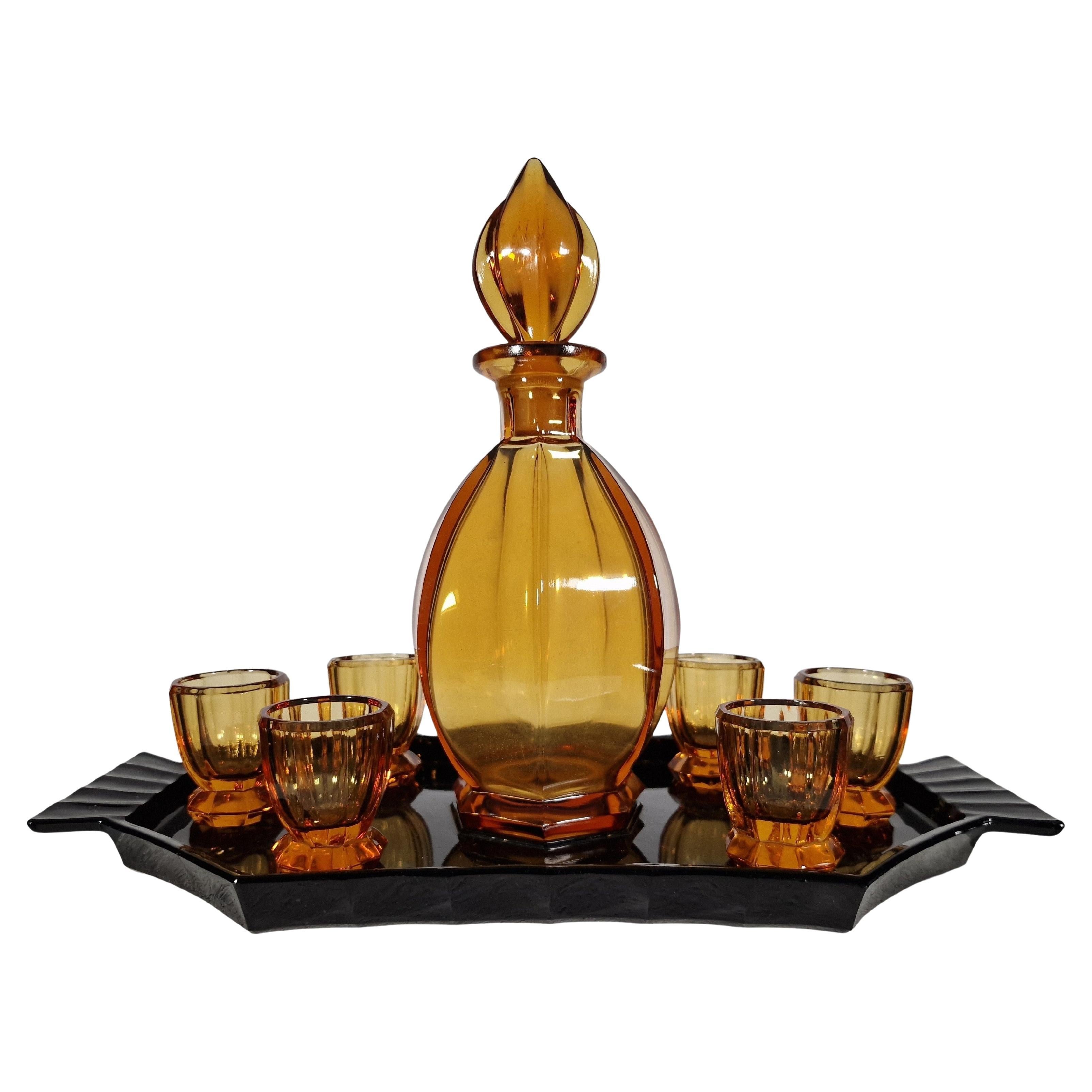 Impresionante juego de licor, bandeja botella seis copas, ámbar, Art Decó, años 20, Bohemia