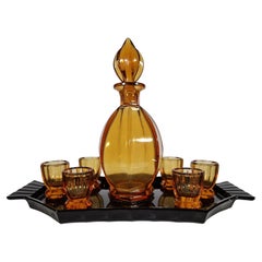 Stunning liqueur set, tray bottle six glasses, amber, Art Deco, 1920s, Bohemia