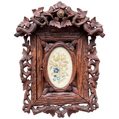 Stunning Little Black Forest Wall Keys Cabinet w. Oval Glass and Needlework