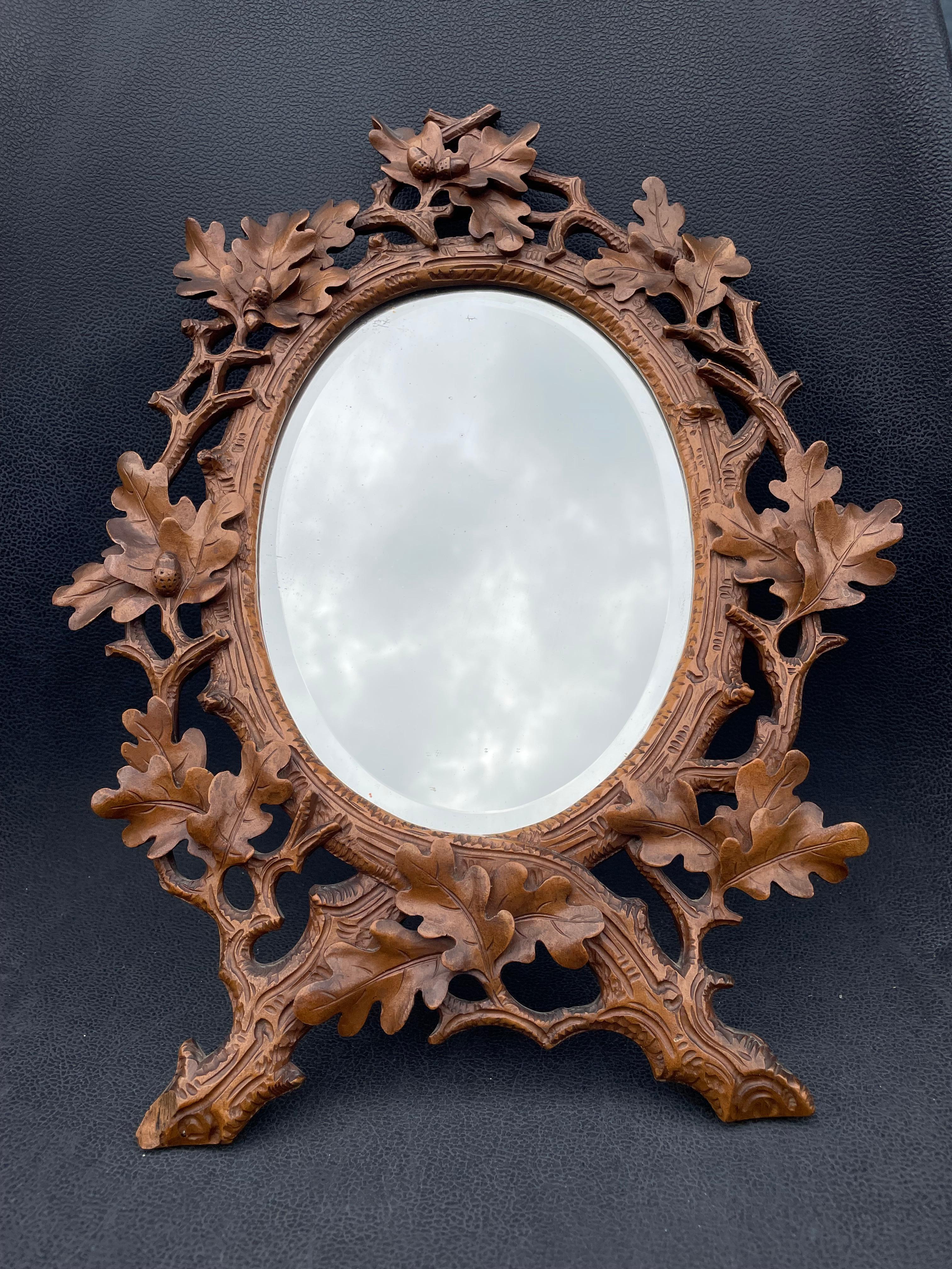 Beveled Stunning Little, Finest Quality Hand Carved Antique Black Forest Wall Mirror