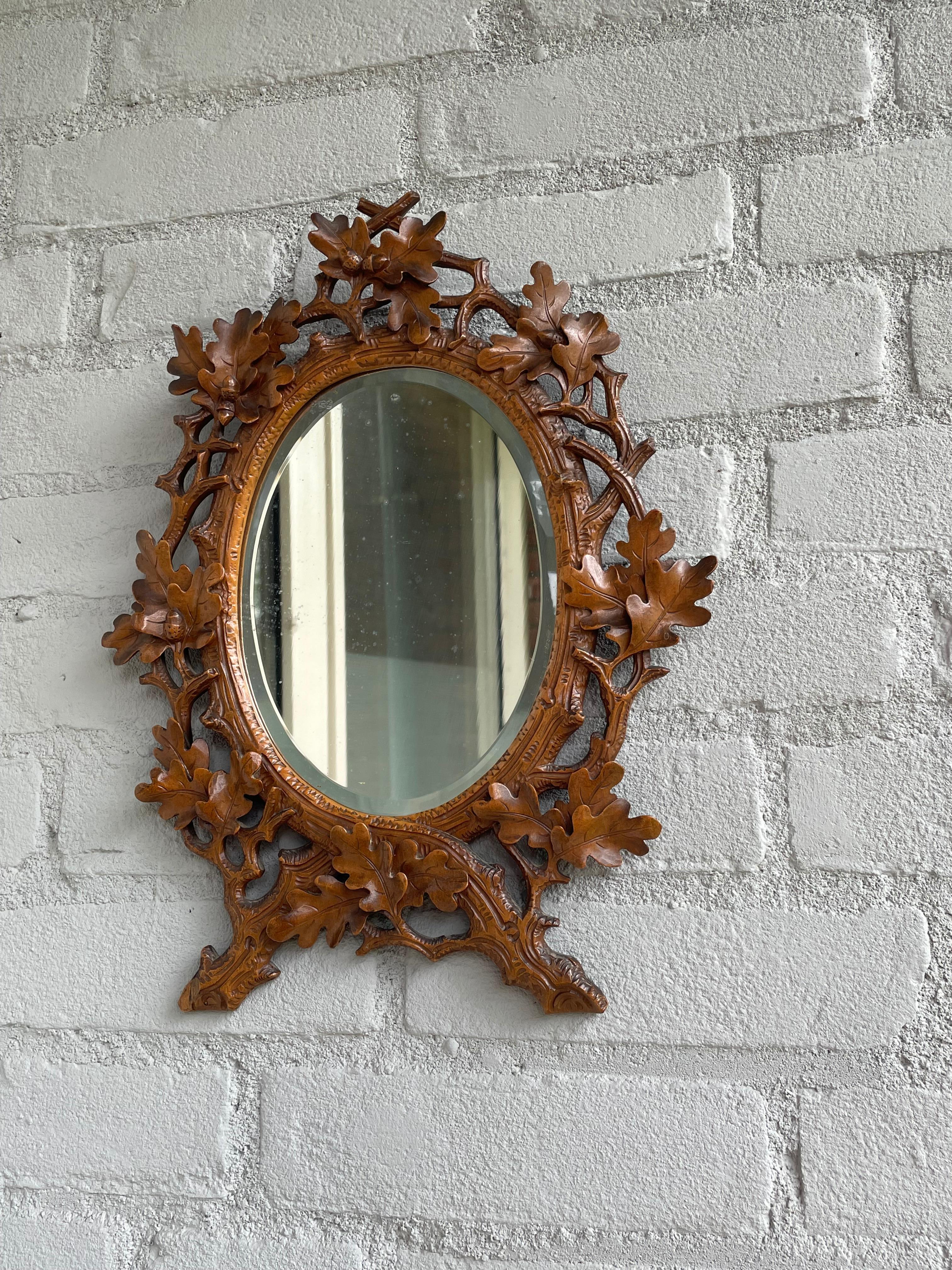 Wood Stunning Little, Finest Quality Hand Carved Antique Black Forest Wall Mirror