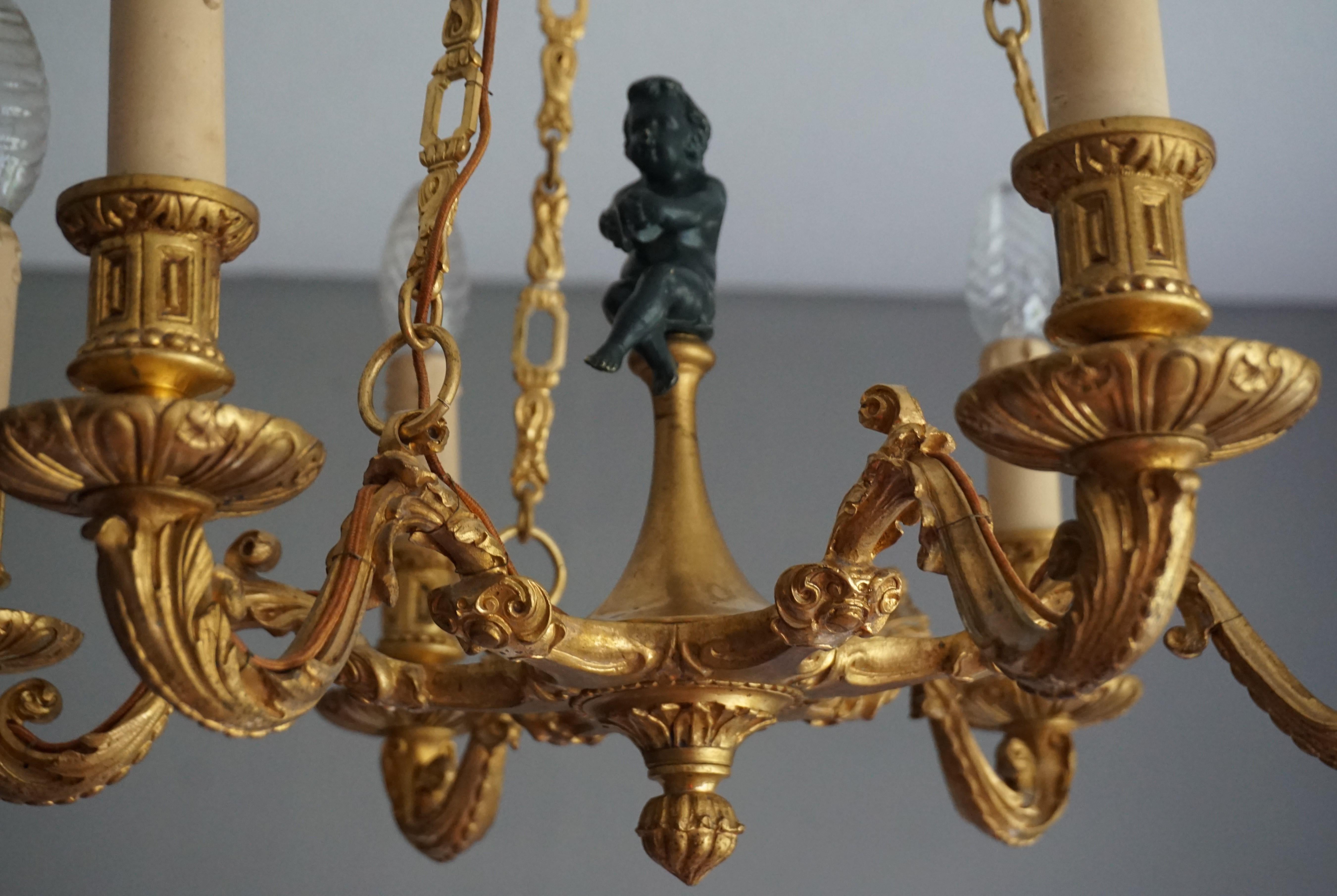 Stunning Little Gilt Bronze Chandelier with Scrolling Leafs and Putto Sculpture For Sale 3