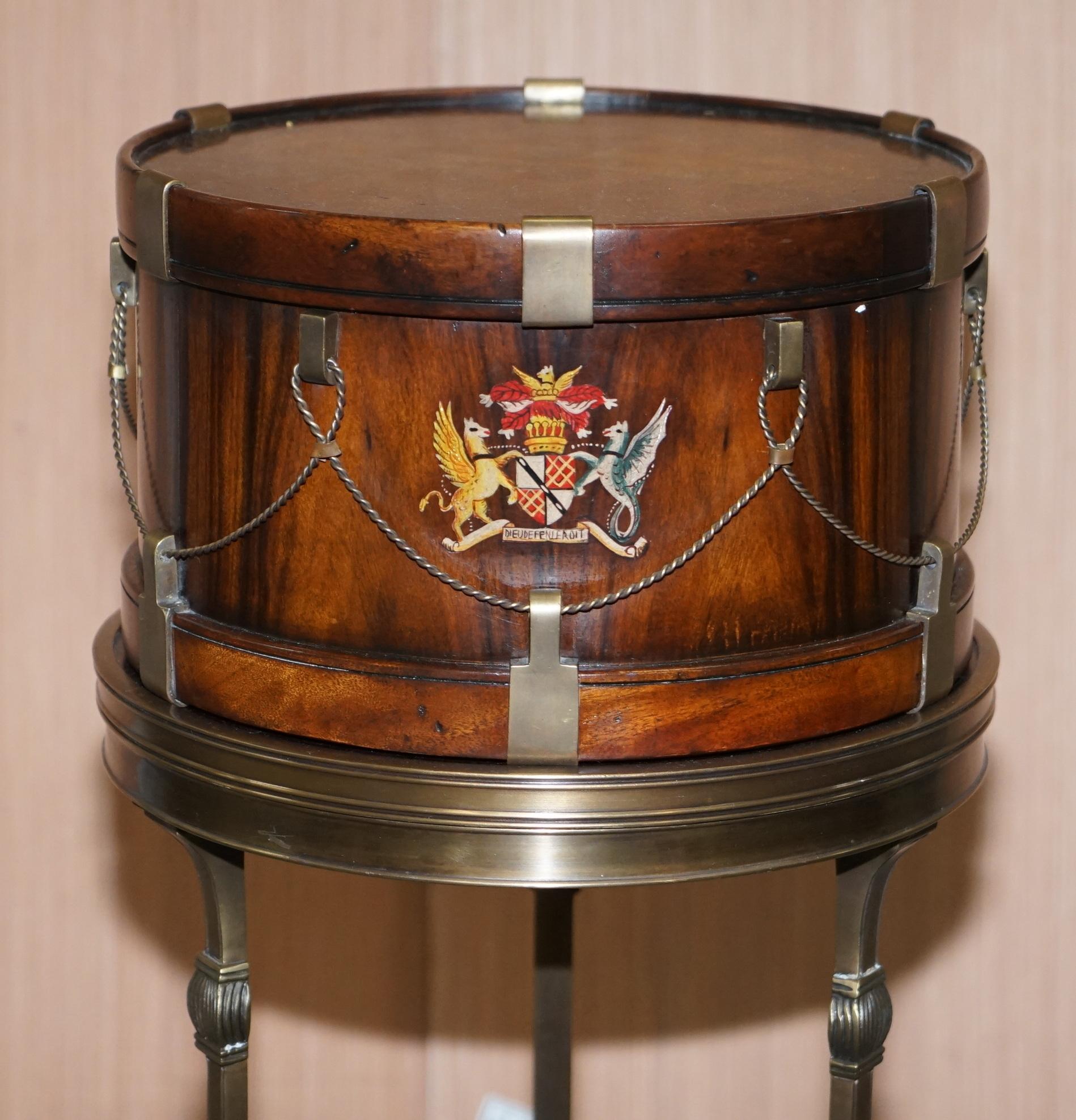 English Stunning Little Side Table with Hand Painted Armorial Crests in the Form of Drum