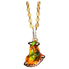 Stunning Little Skirt Mexican Fire Opal Diamond Pendant Necklace 18K Yellow Gold