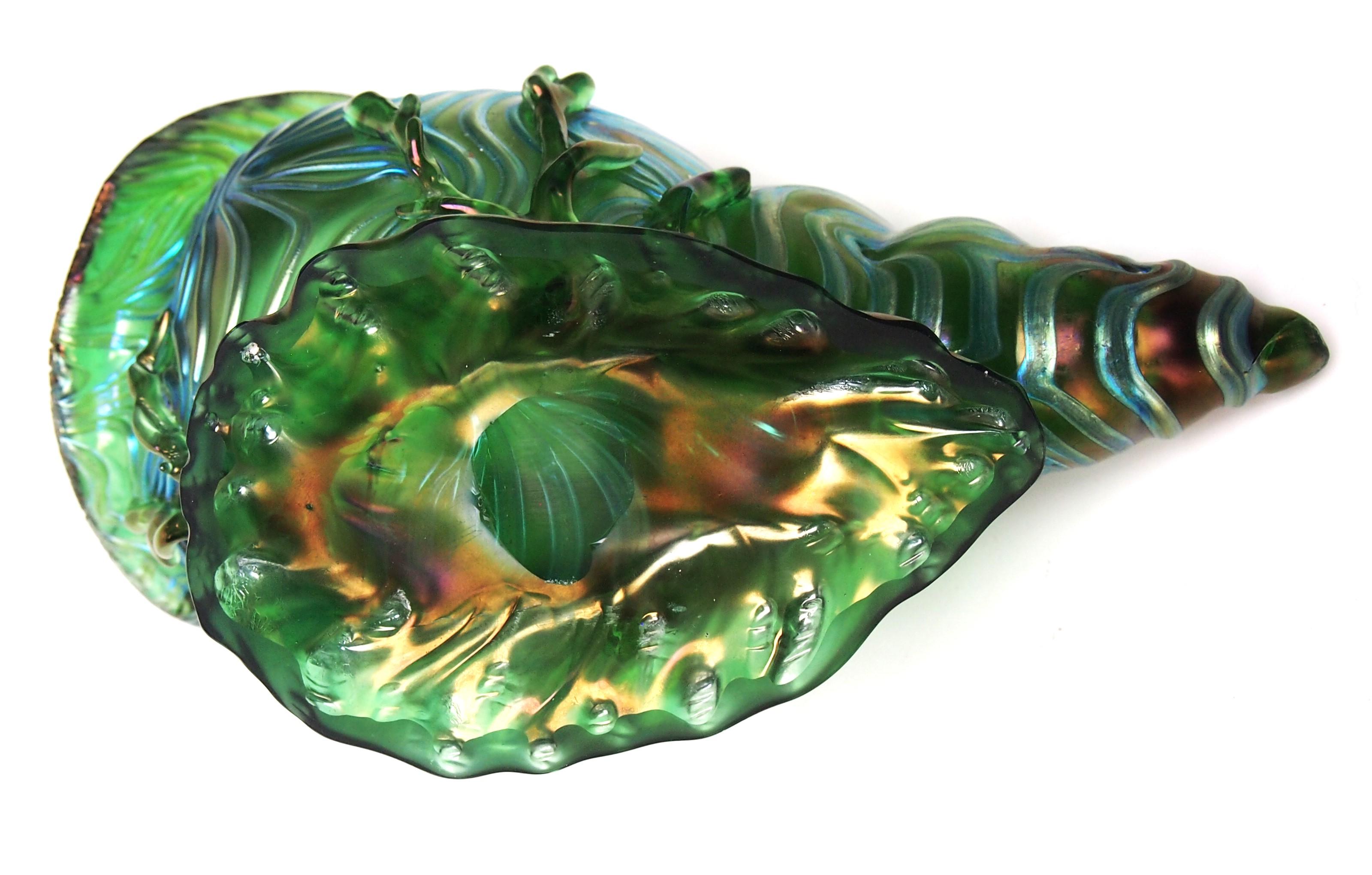 Stunning Loetz Crete Formosa Glass Seashell Vase in green and blue1902 For Sale 1