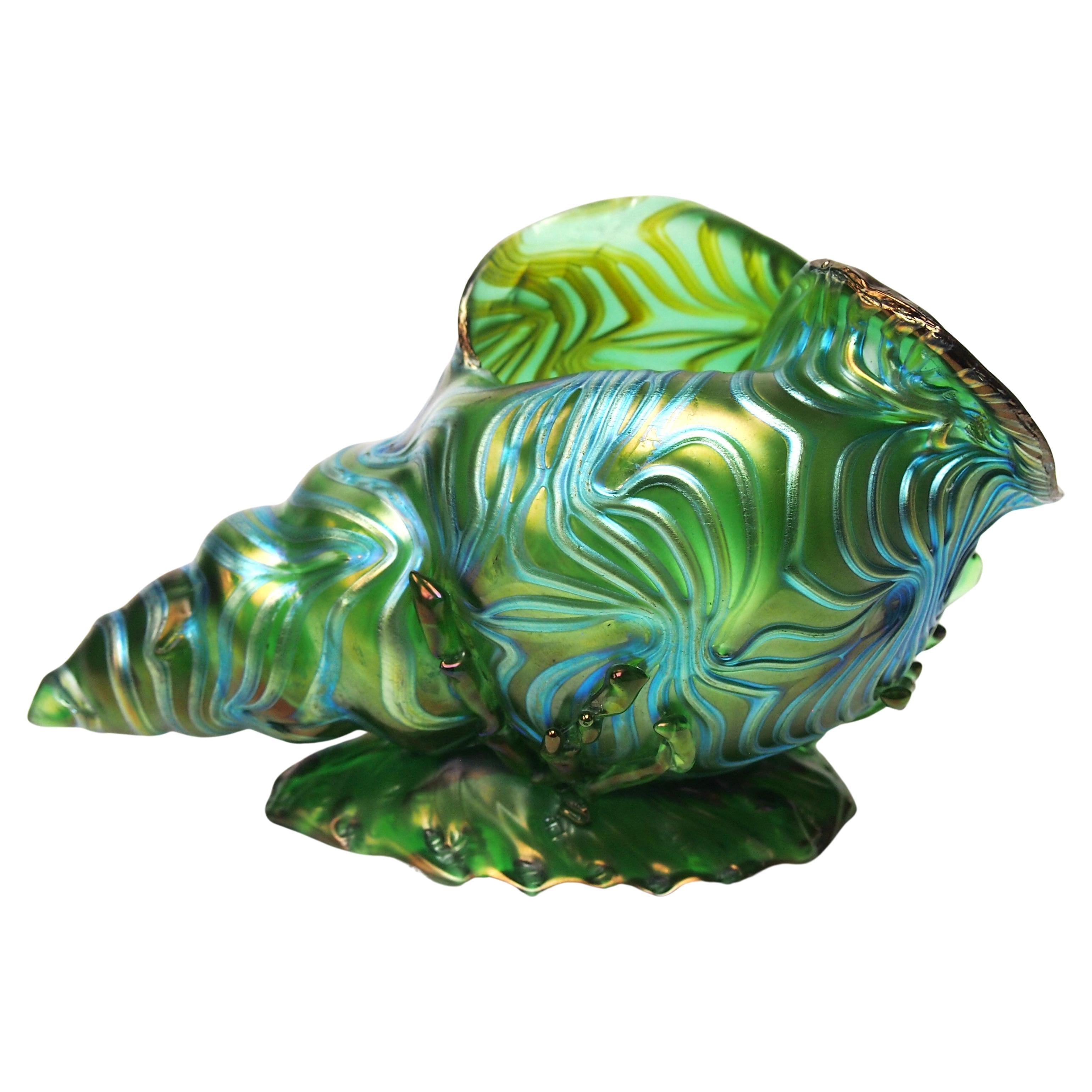 Stunning Loetz Crete Formosa Glass Seashell Vase in green and blue1902 For Sale