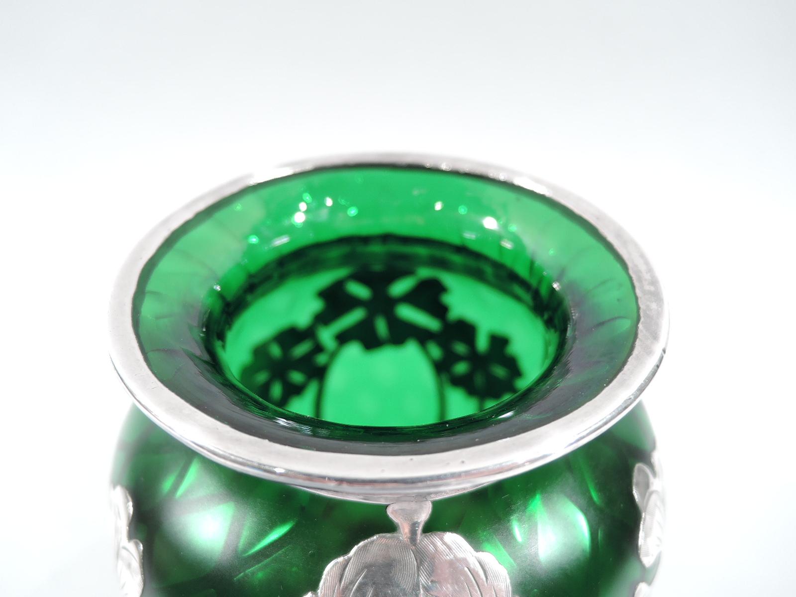 Art Nouveau Stunning Loetz Green Quilted Glass Silver Overlay Vase