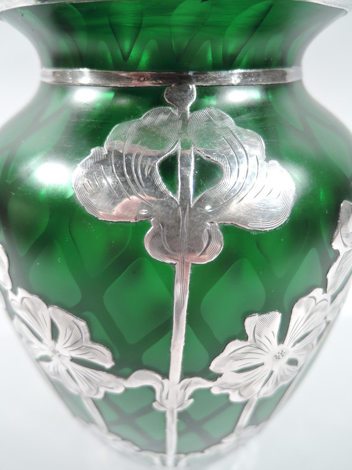Czech Stunning Loetz Green Quilted Glass Silver Overlay Vase