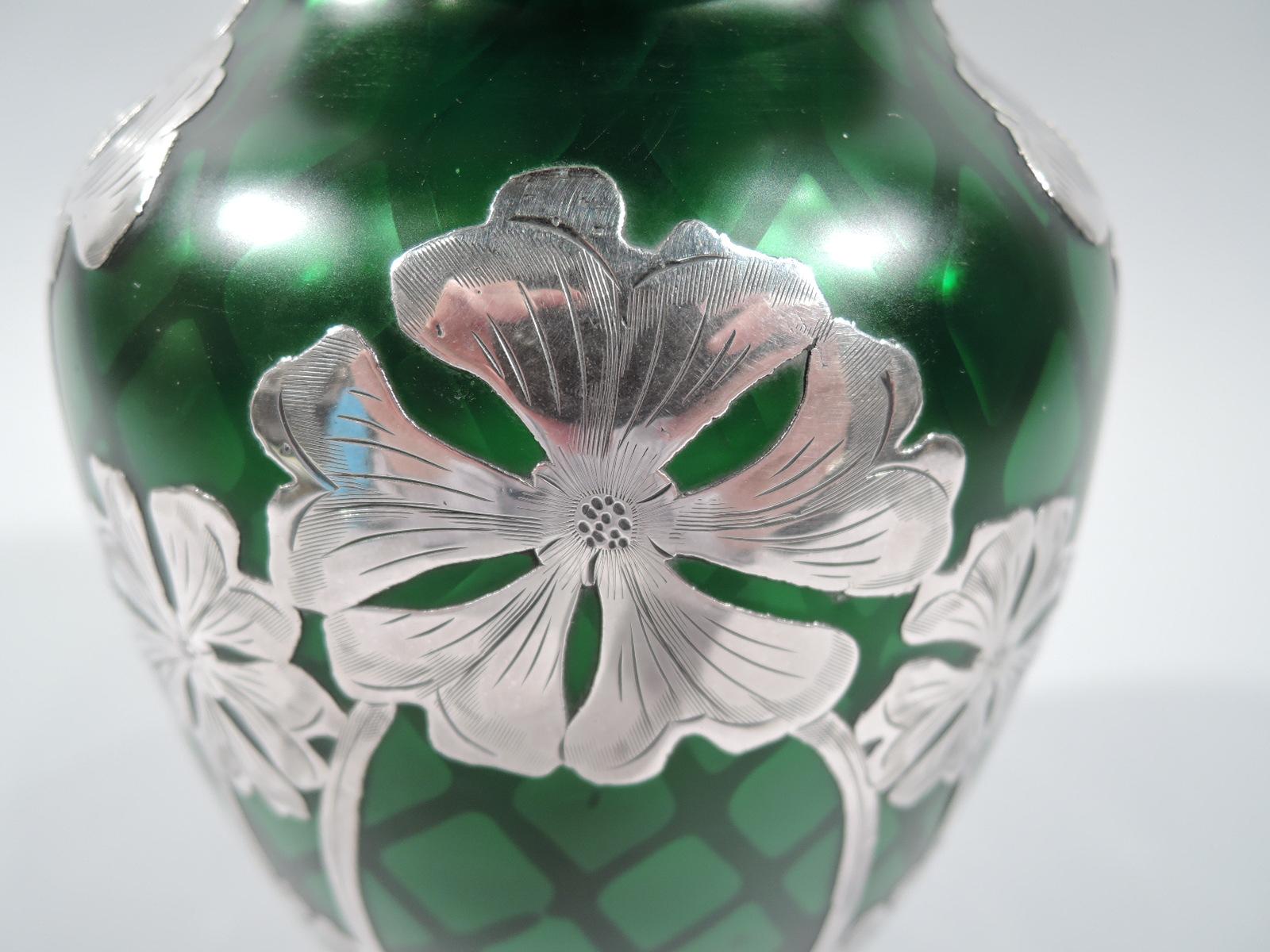 Stunning Loetz Green Quilted Glass Silver Overlay Vase In Excellent Condition In New York, NY
