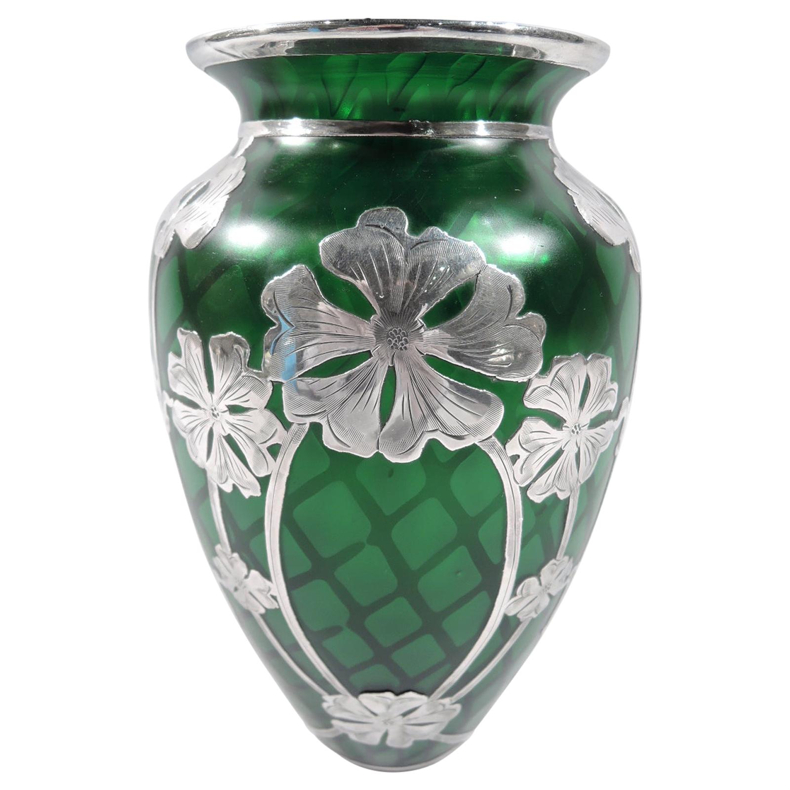 Stunning Loetz Green Quilted Glass Silver Overlay Vase