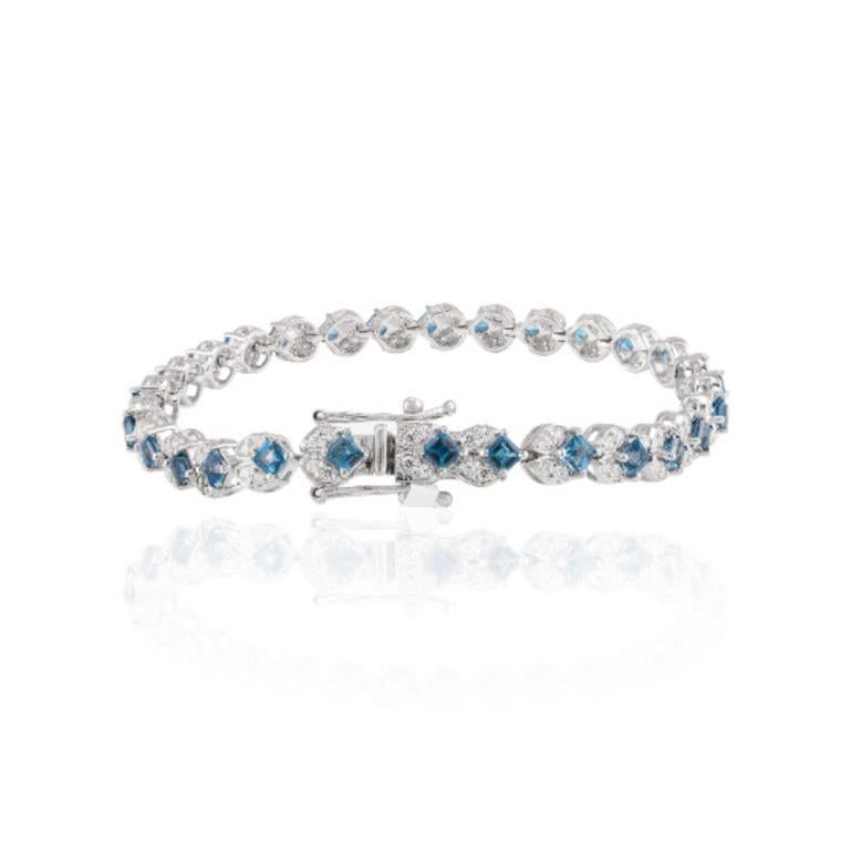 Art Nouveau Stunning London Blue Topaz and Diamond Tennis Bracelet in Sterling Silver For Sale