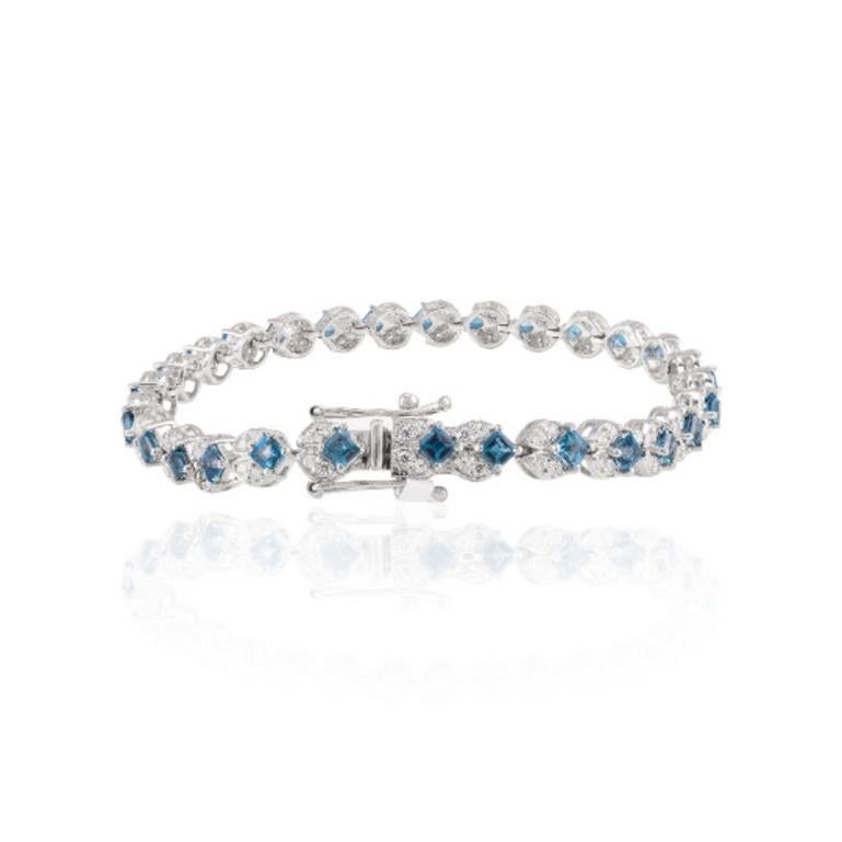 Art nouveau Superbe bracelet tennis pour mère en argent sterling avec topaze bleue de Londres et diamants en vente