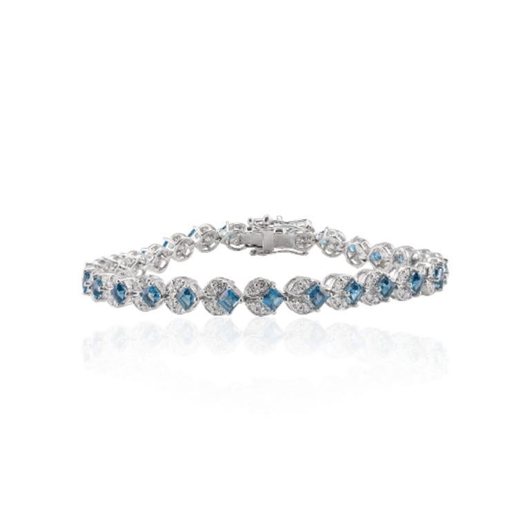 Superbe bracelet tennis pour mère en argent sterling avec topaze bleue de Londres et diamants en vente 2