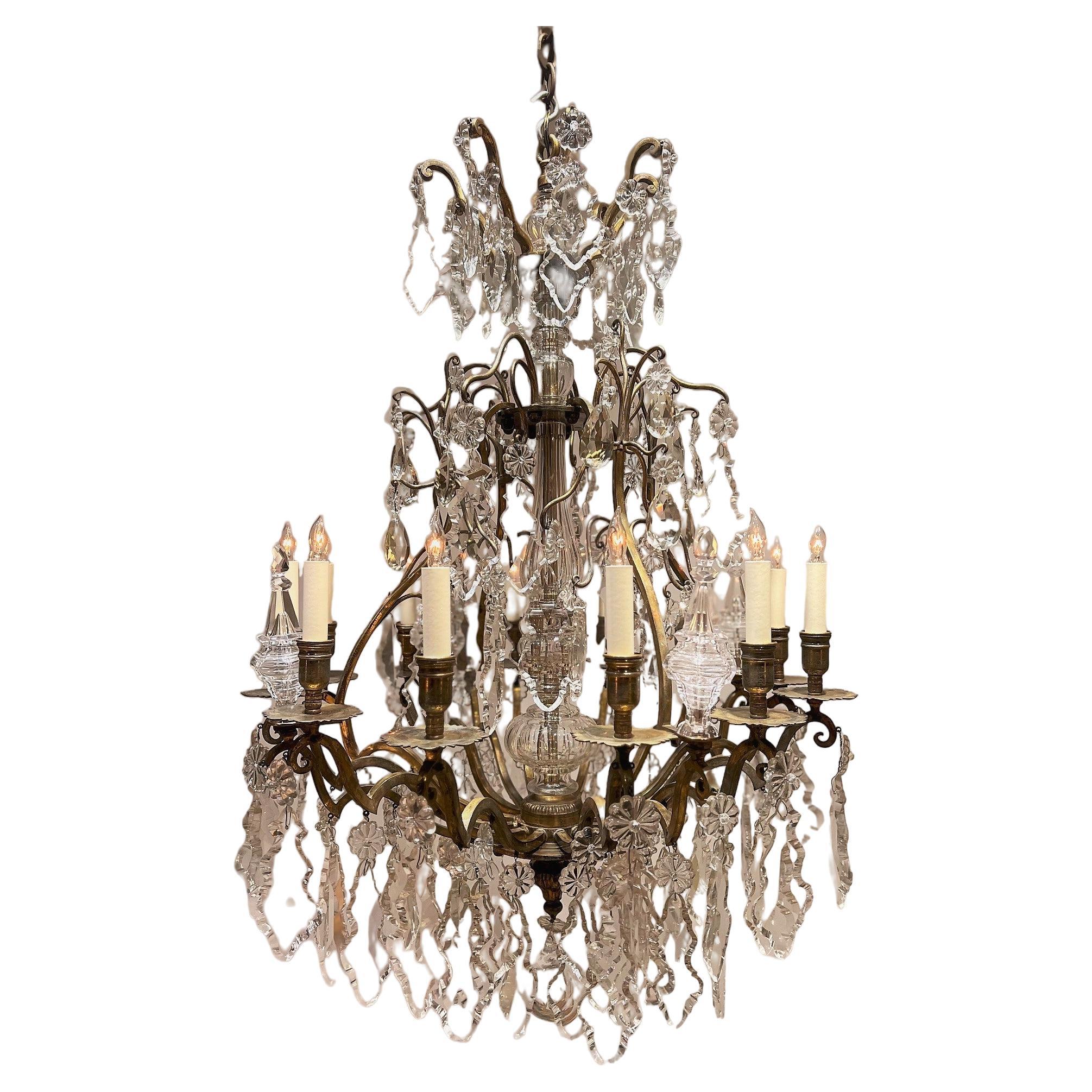 Stunning Louis XV Style 12-Light Bronze & Crystal Chandelier, France, Circa:1900 For Sale