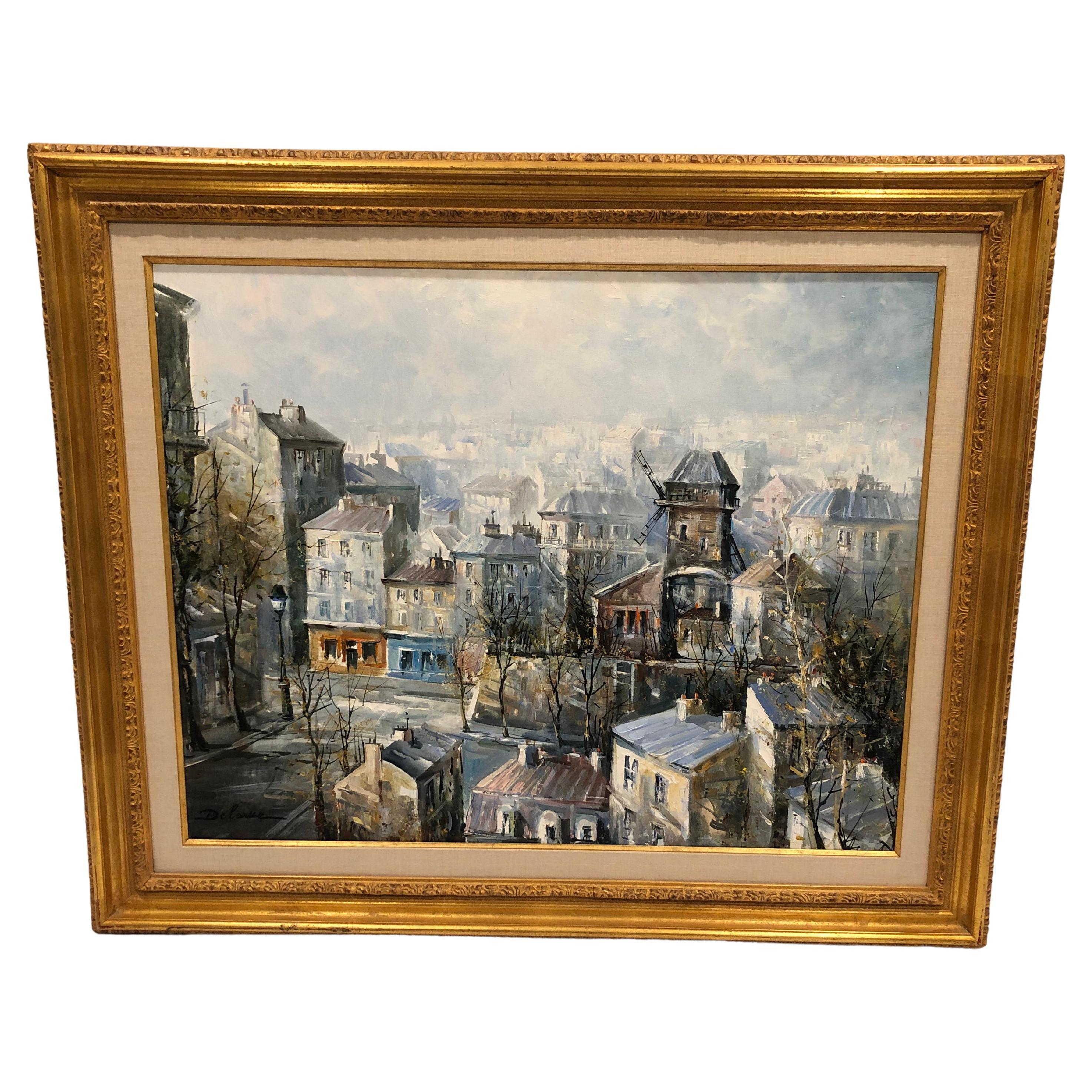 Superbe peinture d'origine de Lucien Delarue intitulée Le Moulin De La Galette en vente
