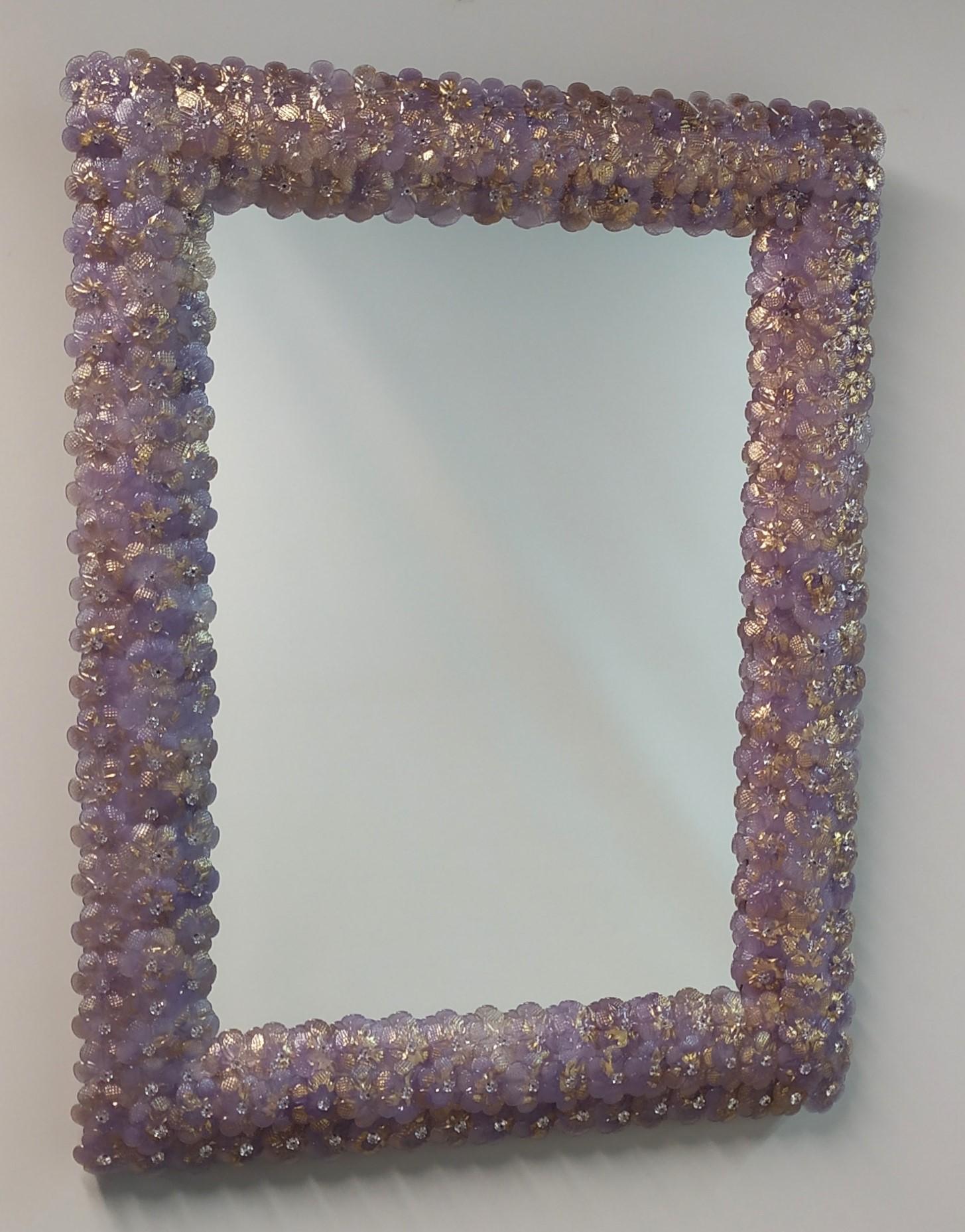 Stunning Luxurious Pink Mirror in Murano Glass with roses For Sale 2