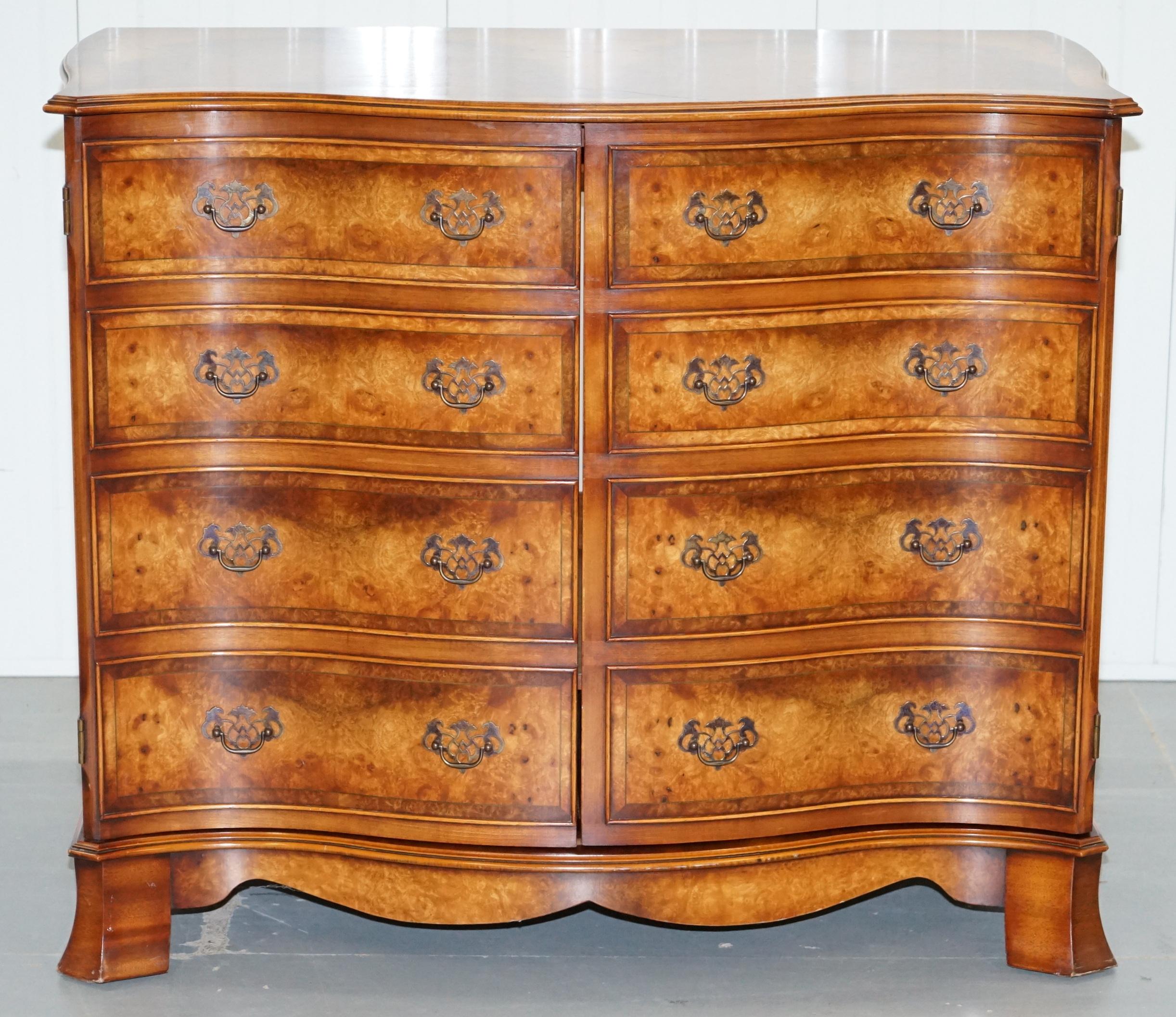We are delighted to offer for sale this stunning large luxury burr walnut media cabinet

A very rare and premium piece of furniture, handmade in England from luxury cuts of Burr Walnut, the cabinet looks stunning from every angle and is a tour de