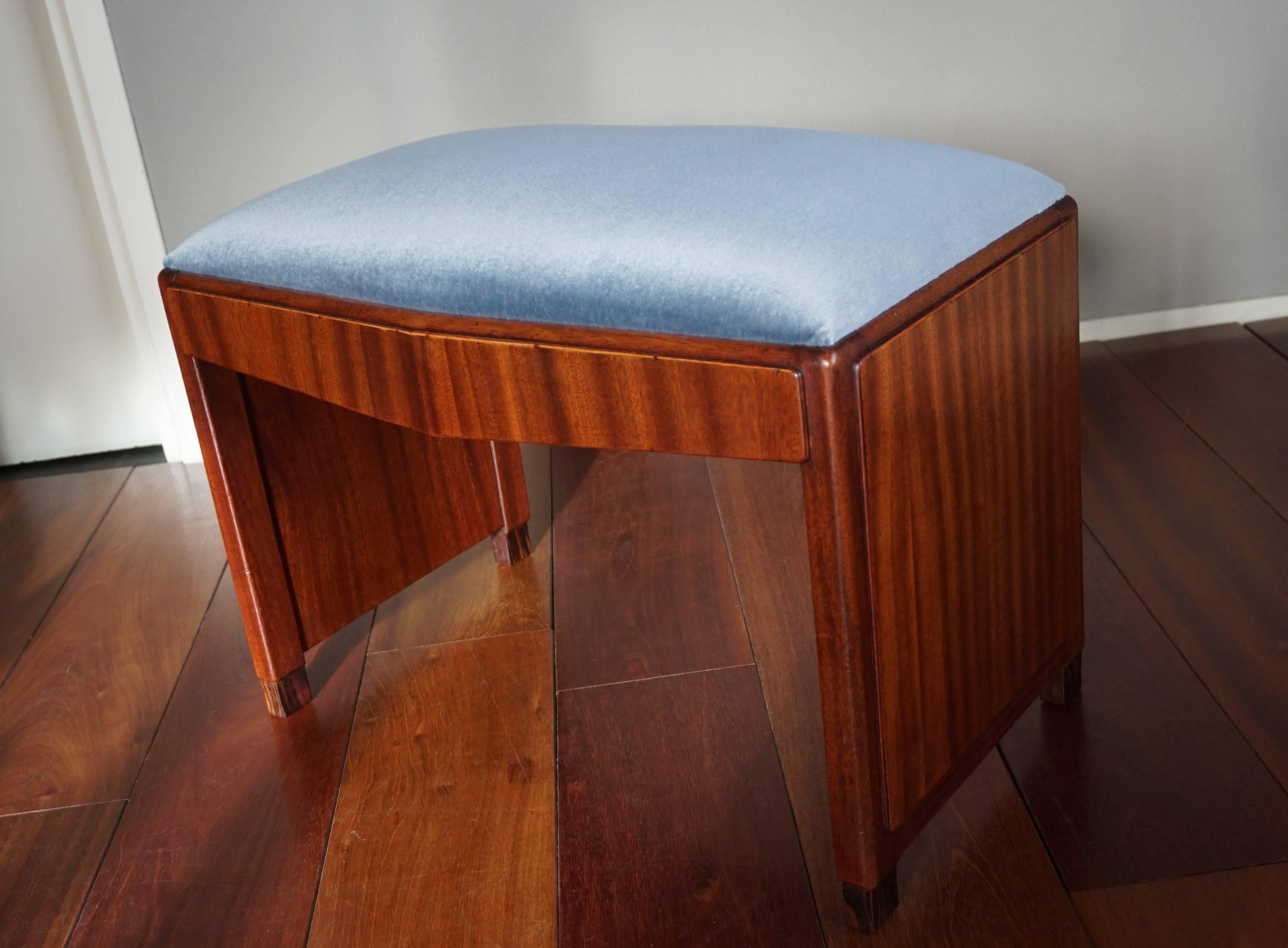 Stunning Mahogany Art Deco Hall Bench or Stool with Perfect Grey-Blue Upholstery 4