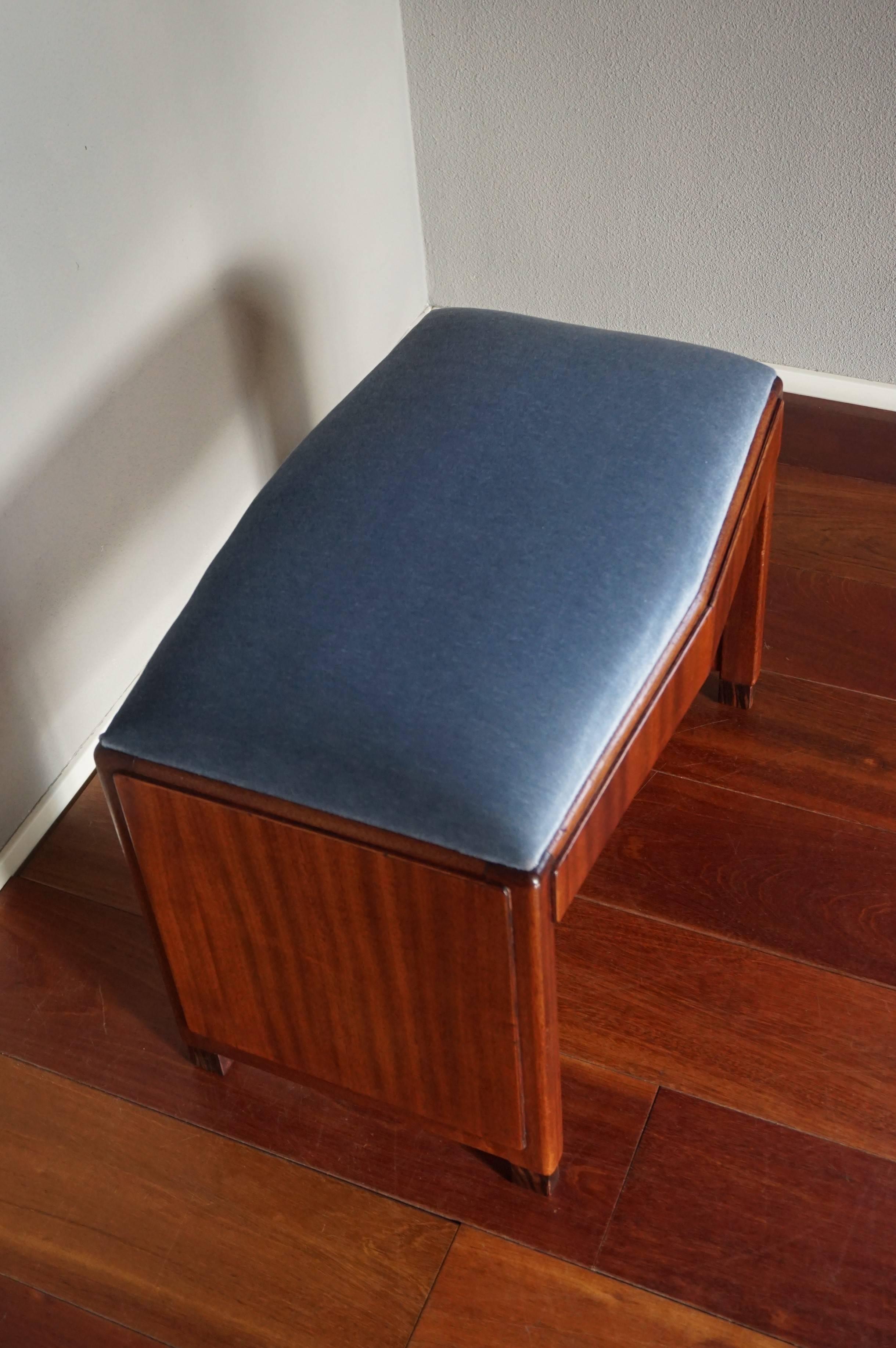 Dutch Stunning Mahogany Art Deco Hall Bench or Stool with Perfect Grey-Blue Upholstery
