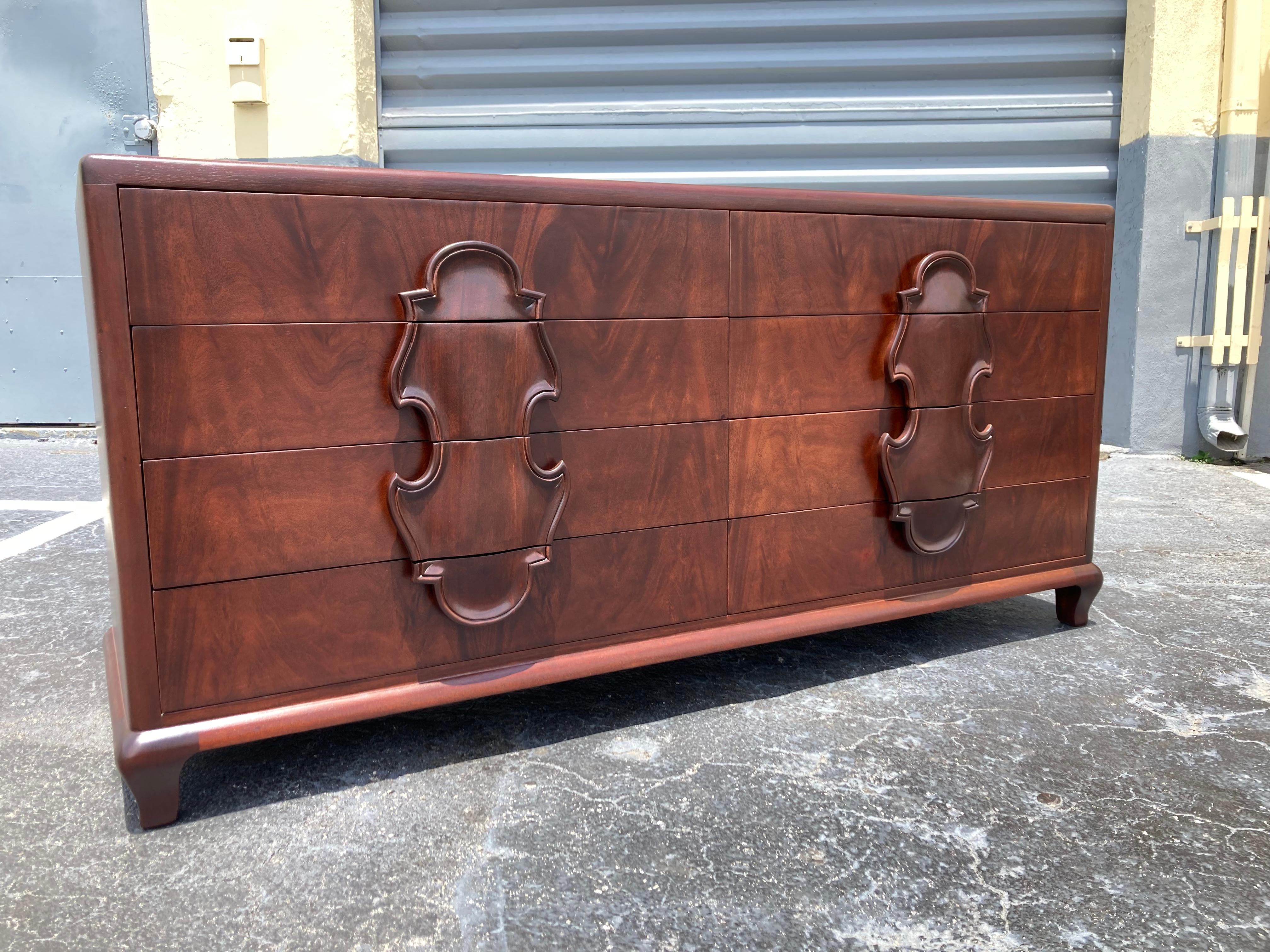 Beautiful Mahogany dresser by Johnson Furniture Company form the 1950’s. 
Dresser has eight drawers and is in good condition.