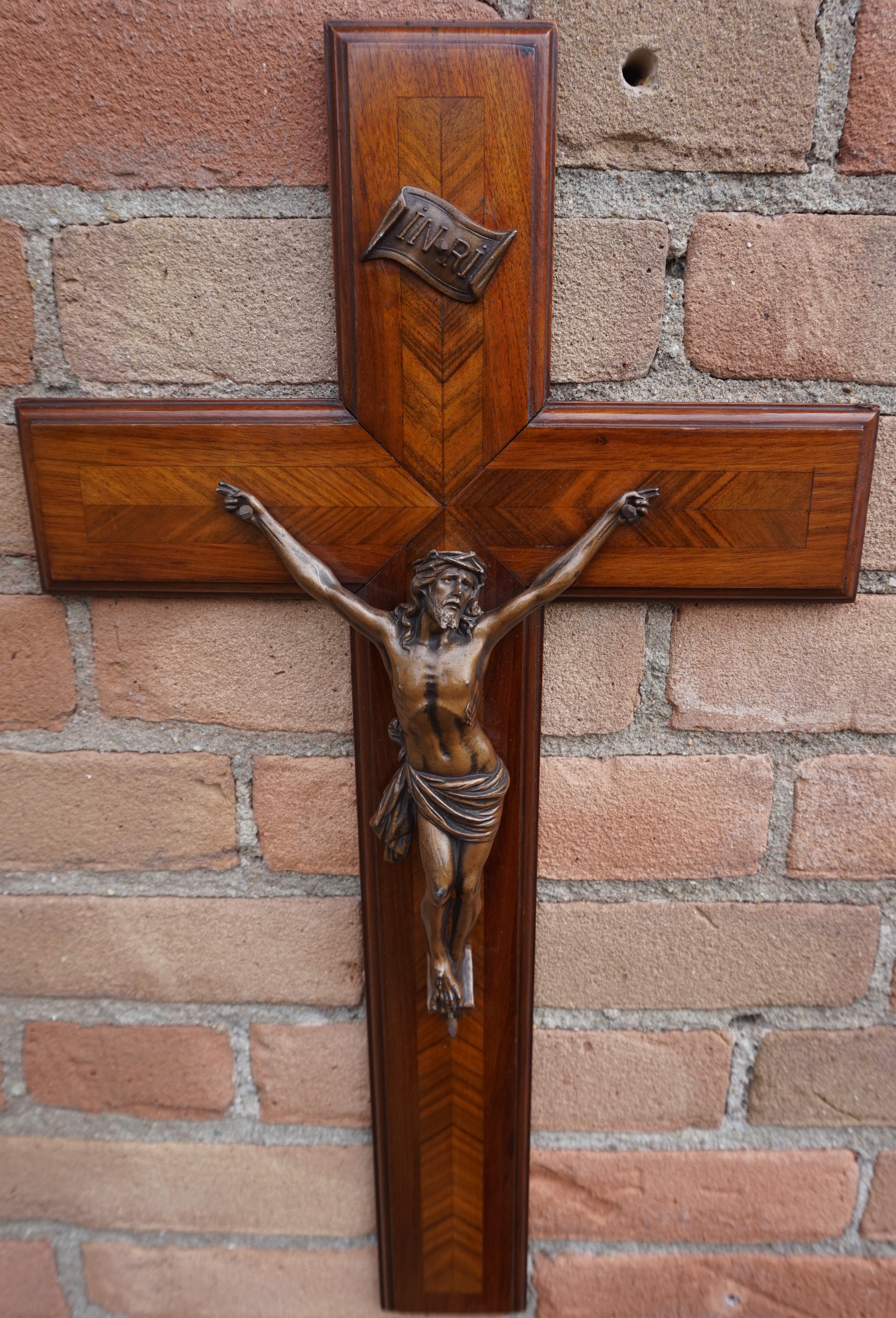 Stunning Mahogany & Kingwood Inlaid Crucifix with a Bronzed Corpus of Christ 12
