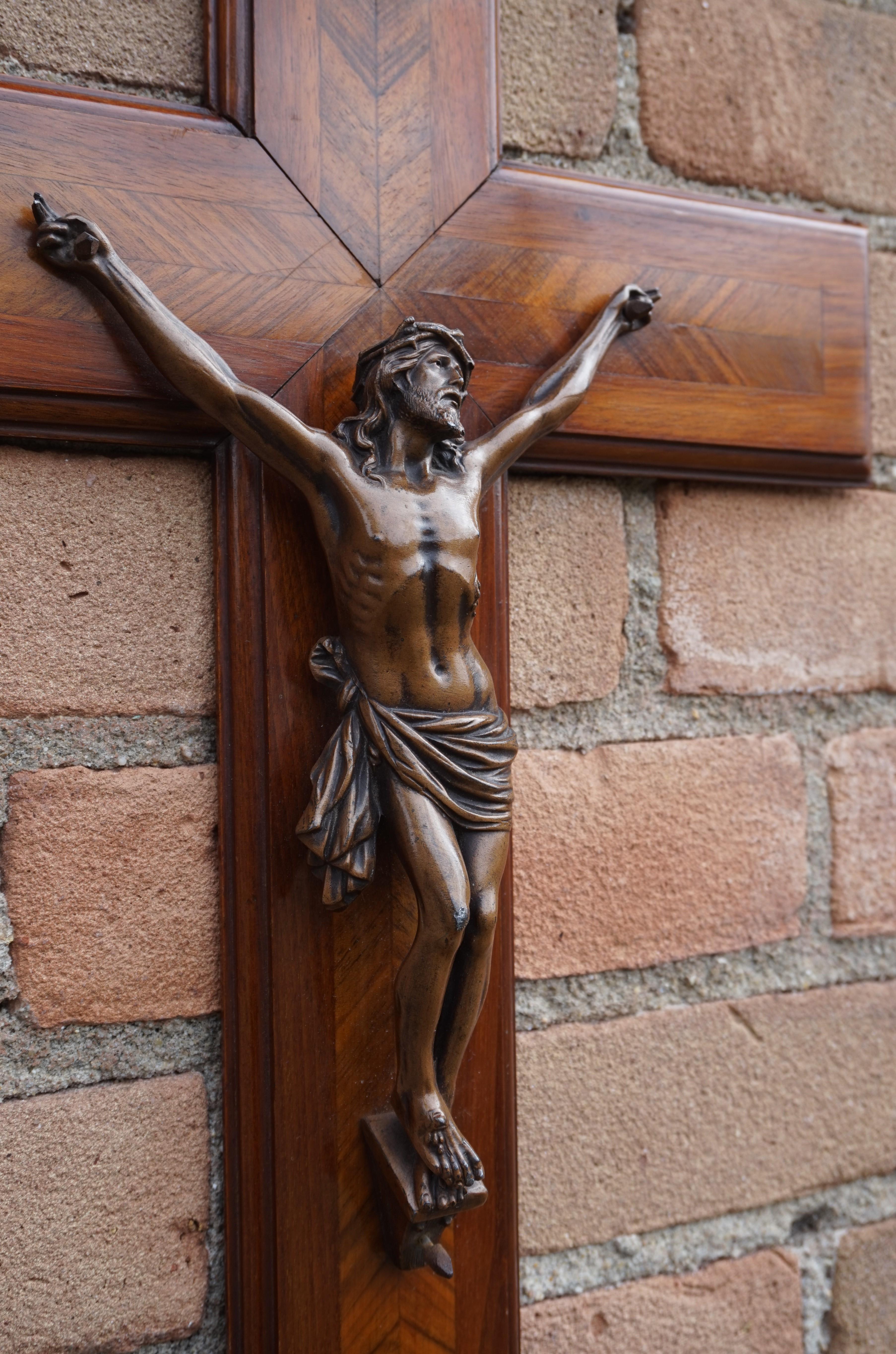 French Stunning Mahogany & Kingwood Inlaid Crucifix with a Bronzed Corpus of Christ