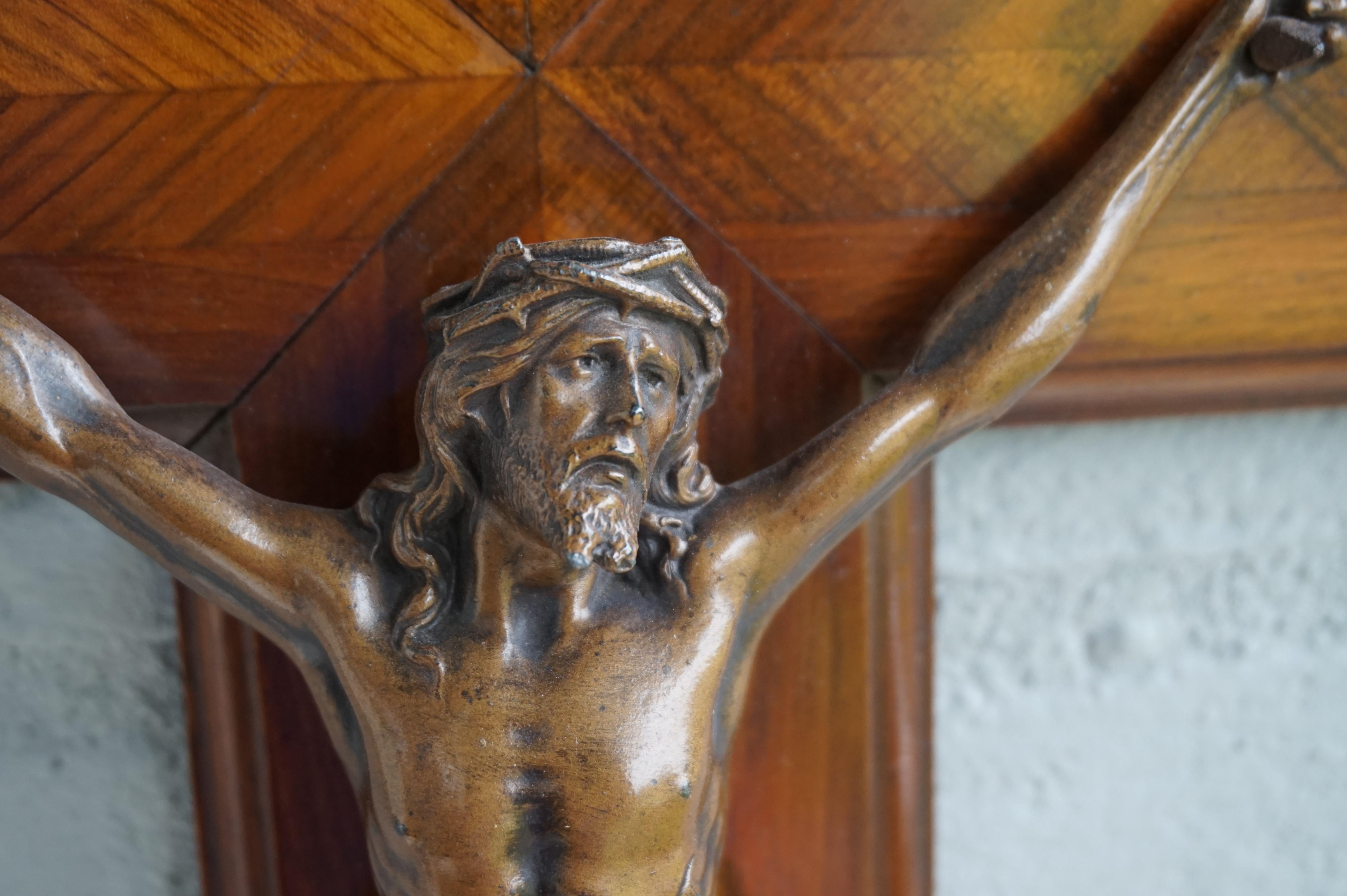 20th Century Stunning Mahogany & Kingwood Inlaid Crucifix with a Bronzed Corpus of Christ