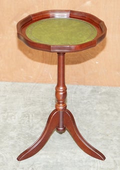 Stunning Hardwood Pie Crust Edge Green Leather Tripod Side End Lamp Wine Table