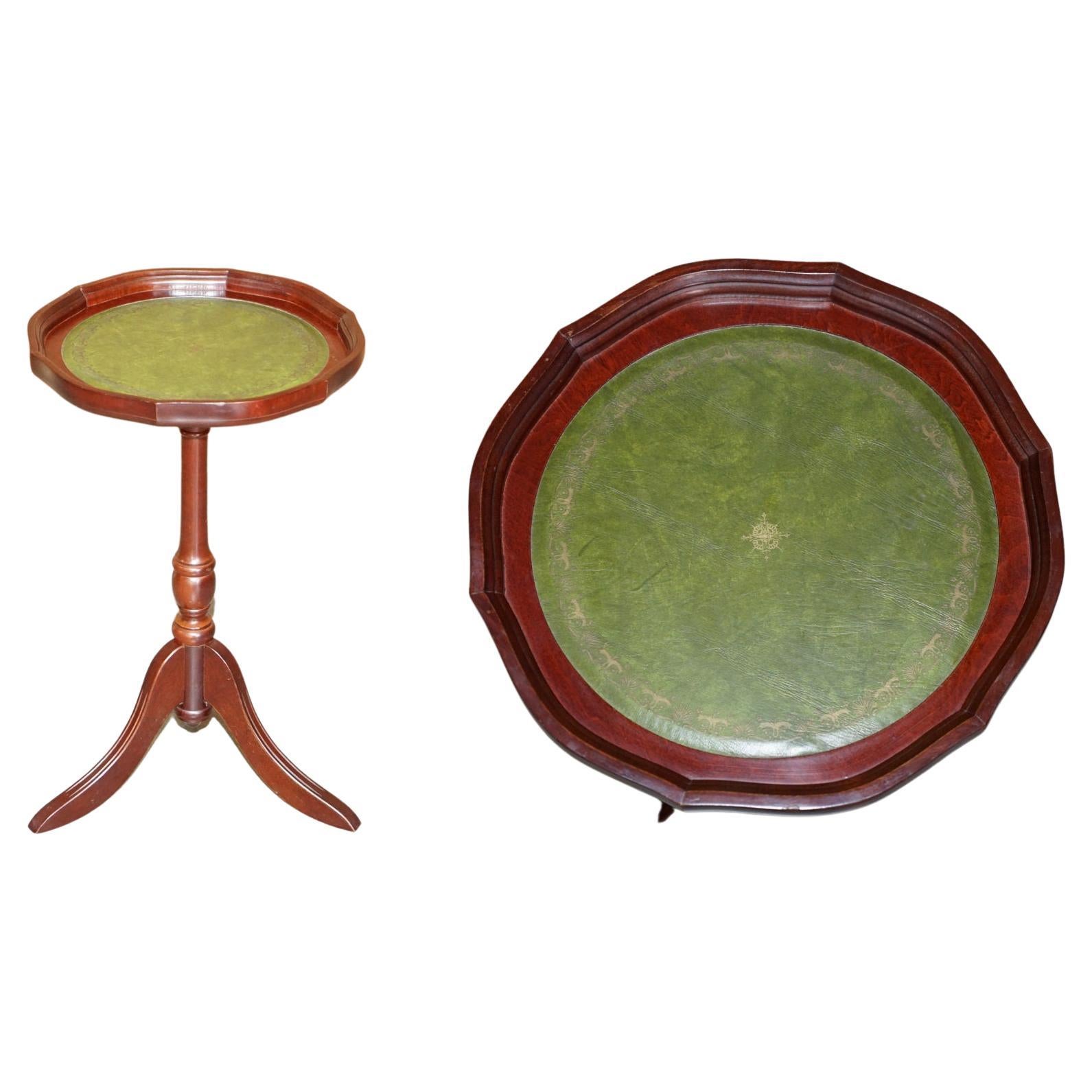 Stunning Hardwood Pie Crust Edge Green Leather Tripod Side End Lamp Wine Table For Sale