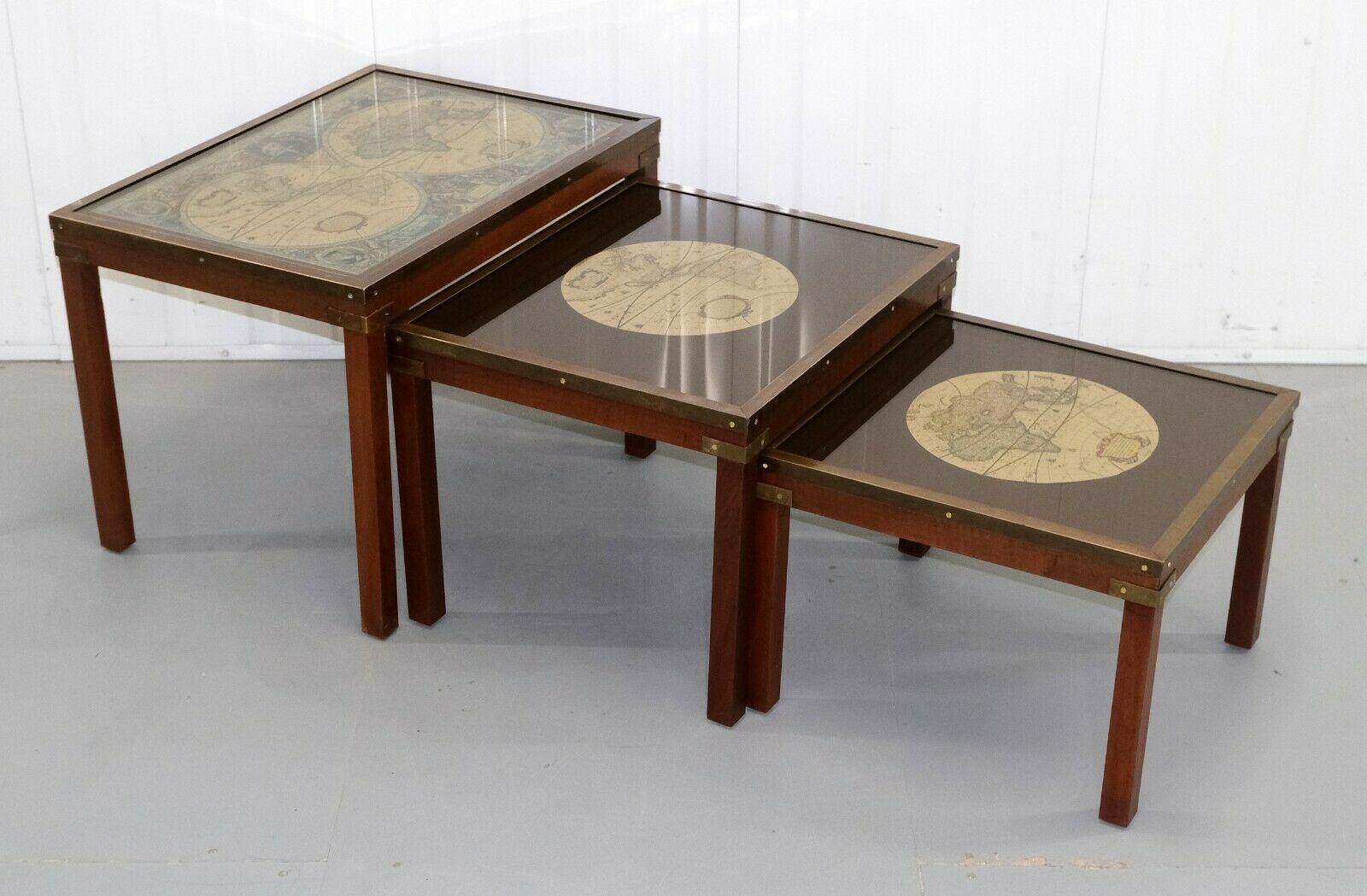 English Stunning Hardwood Set Coffee / Nest of Tables Military Campaign with World Map