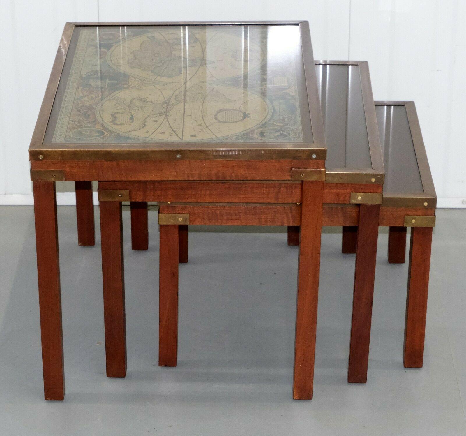 Hand-Crafted Stunning Hardwood Set Coffee / Nest of Tables Military Campaign with World Map