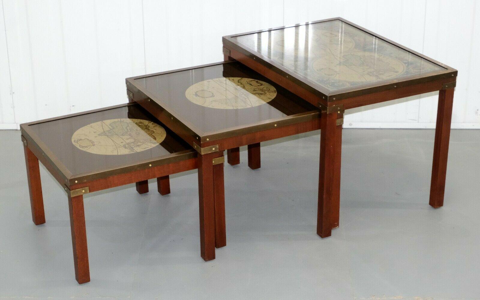 20th Century Stunning Hardwood Set Coffee / Nest of Tables Military Campaign with World Map