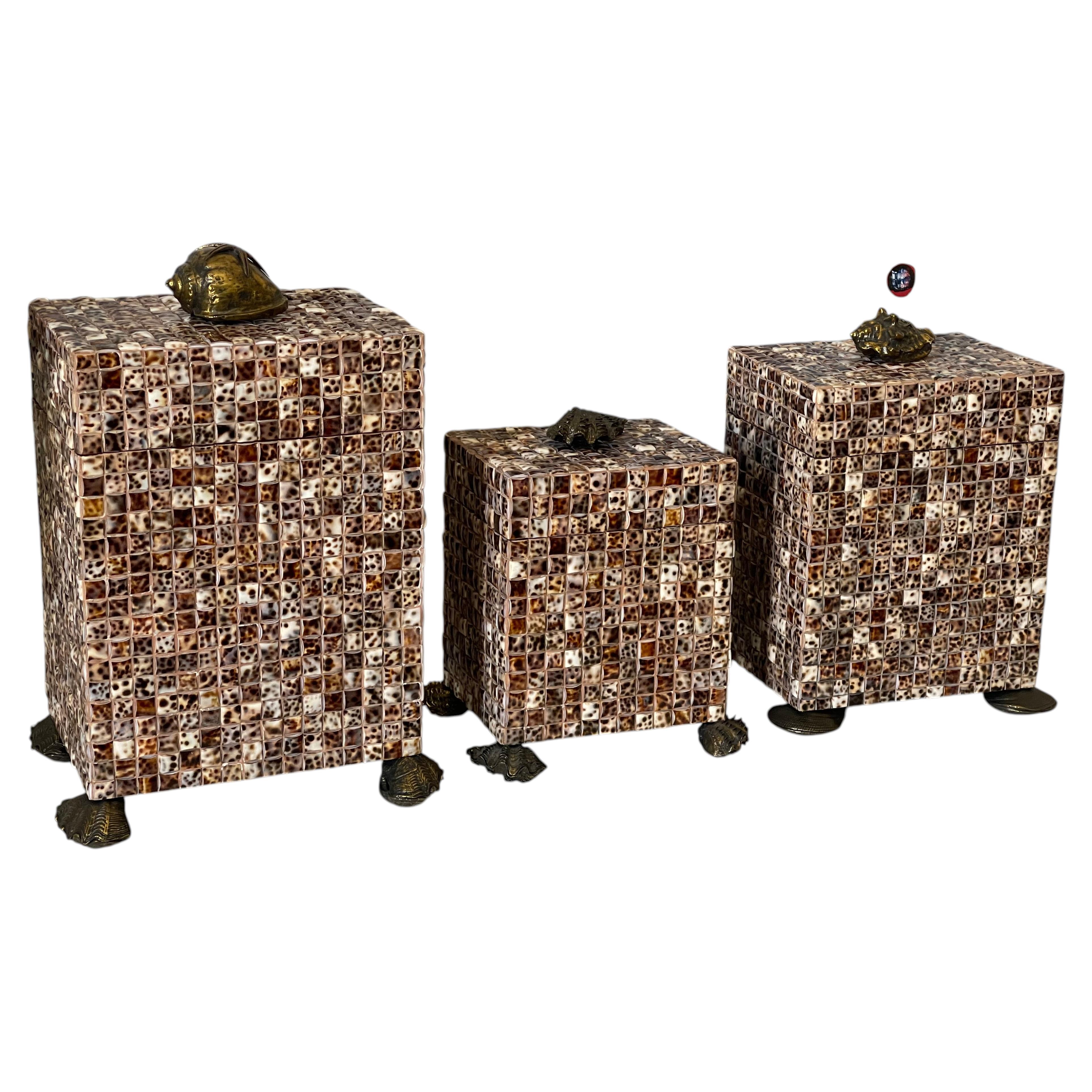Stunning Maitland Smith Shell Tasselated Boxes For Sale