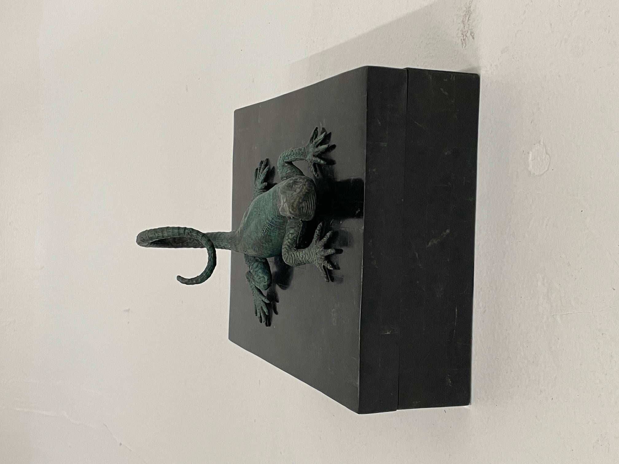Thai Stunning Maitland Smith Tessellated Stone Box with Bronze Lizard Handle