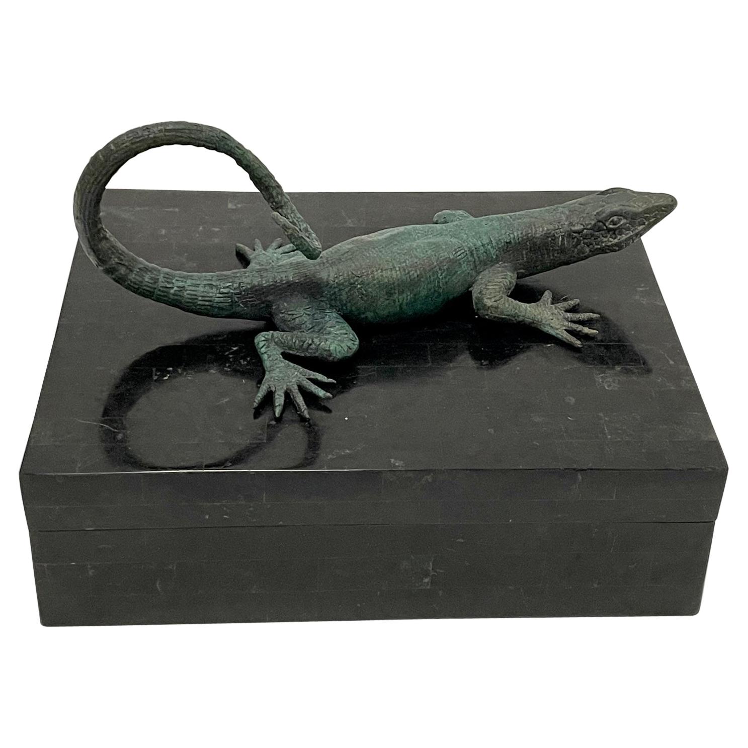 Stunning Maitland Smith Tessellated Stone Box with Bronze Lizard Handle