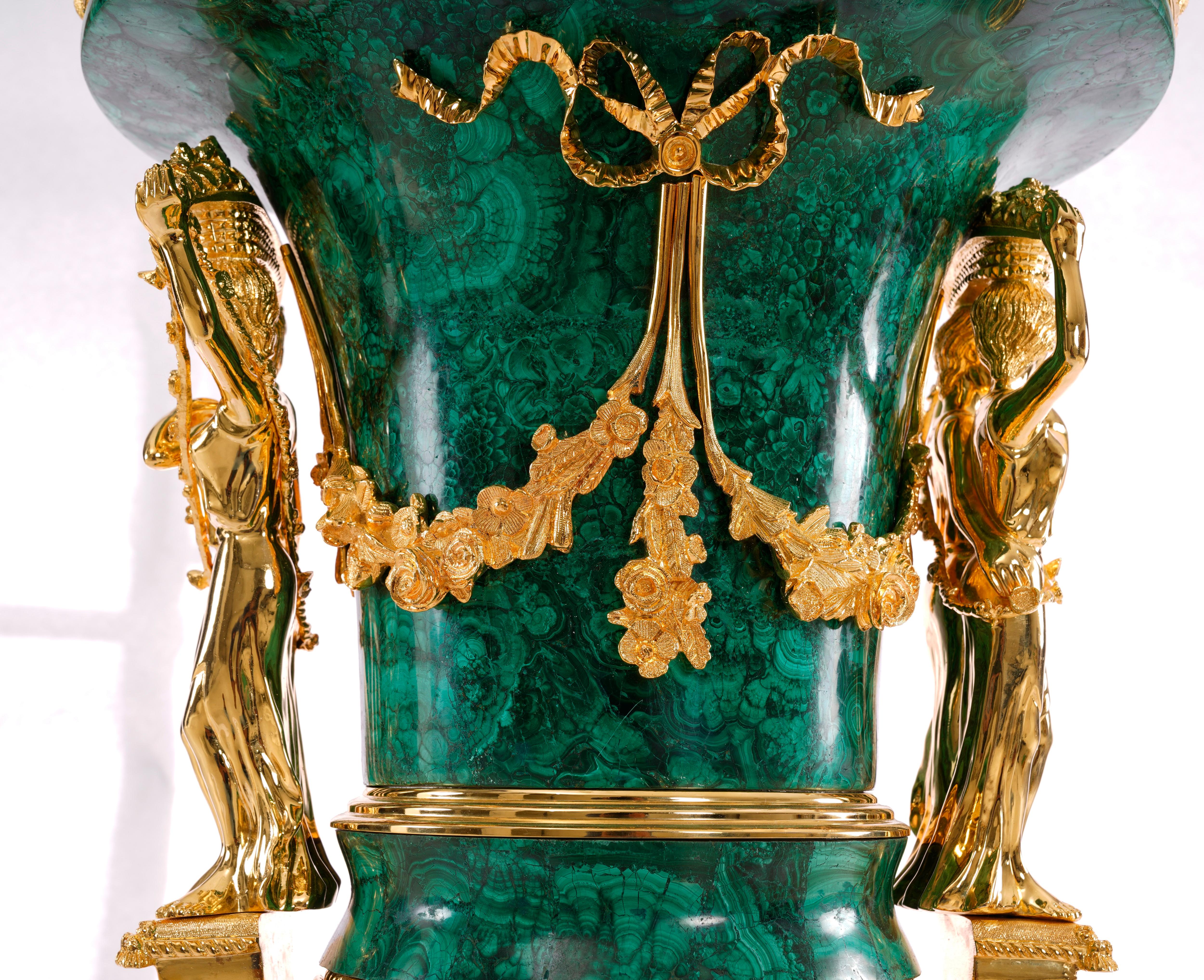 Classical Roman Stunning Malachite and Brass Vase