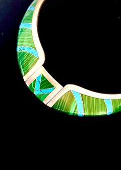 Stunning malachite and turquoise inlaid sterling silver necklace .