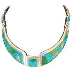 Stunning malachite and turquoise inlaid sterling silver necklace .