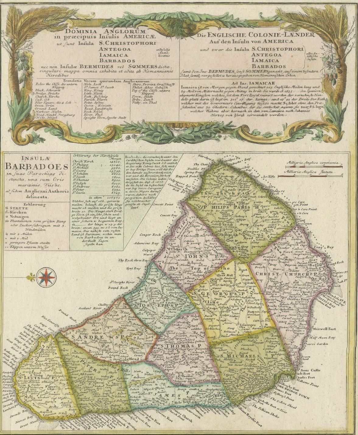 Original antique map titled 'Dominia Anglorum in praecipuis Insulis Americae (..) - Die Englische Colonie-Laender auf den Insuln von America'. Large sheet with five maps describing the islands of St. Kitts, Antigua, Bermuda, Barbados and Jamaica.