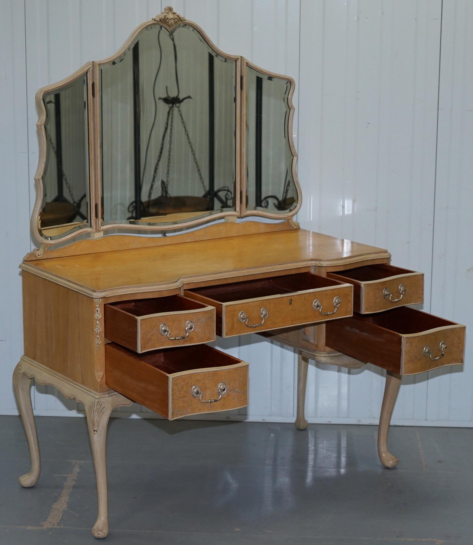 Stunning Maple & Co Art Deco Burr Light Walnut Dressing Table Stool & Mirror 9