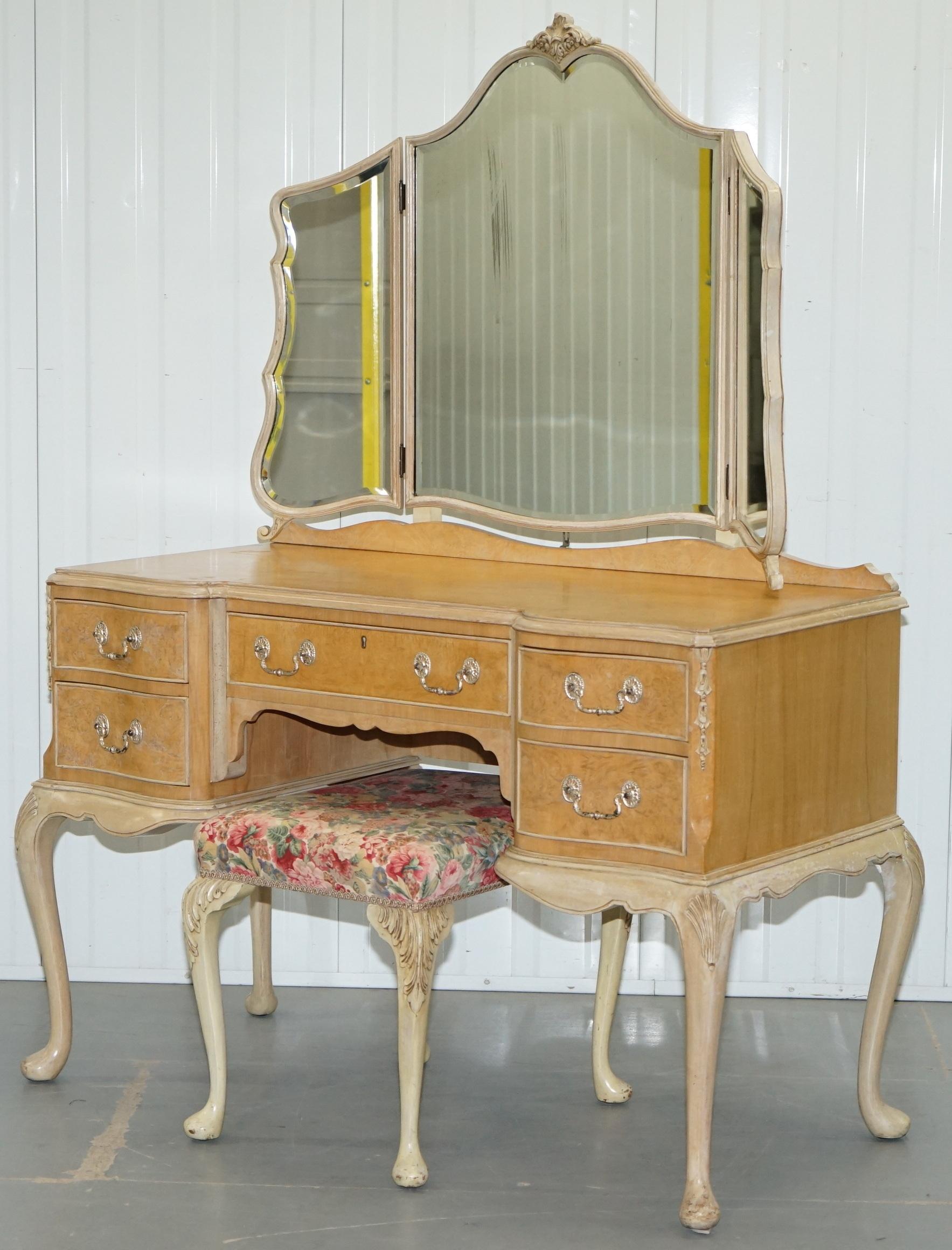 English Stunning Maple & Co Art Deco Burr Light Walnut Dressing Table Stool & Mirror