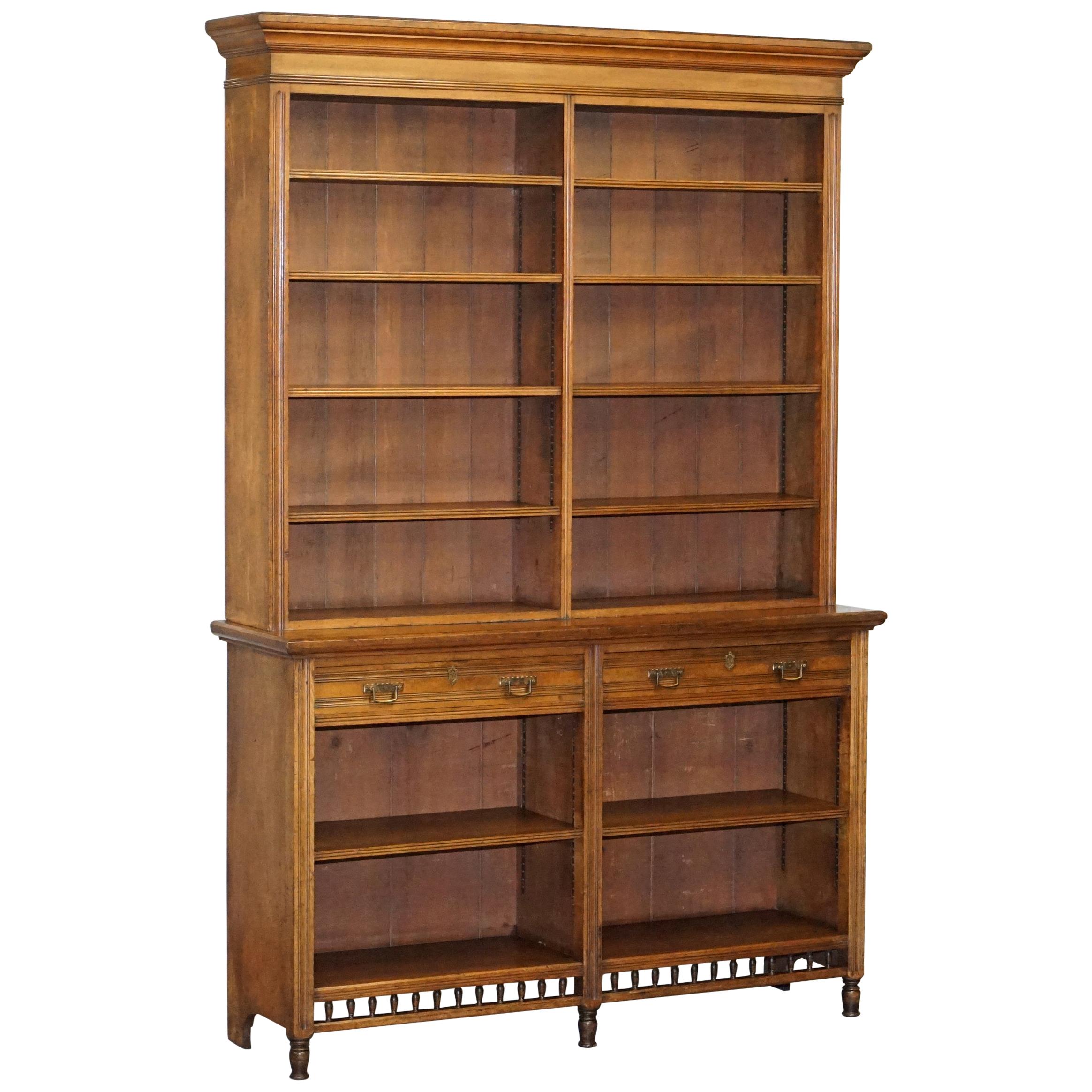 Stunning Maple & Co Oak Victorian Library Bookcase with Drawers Stamped Serial N For Sale