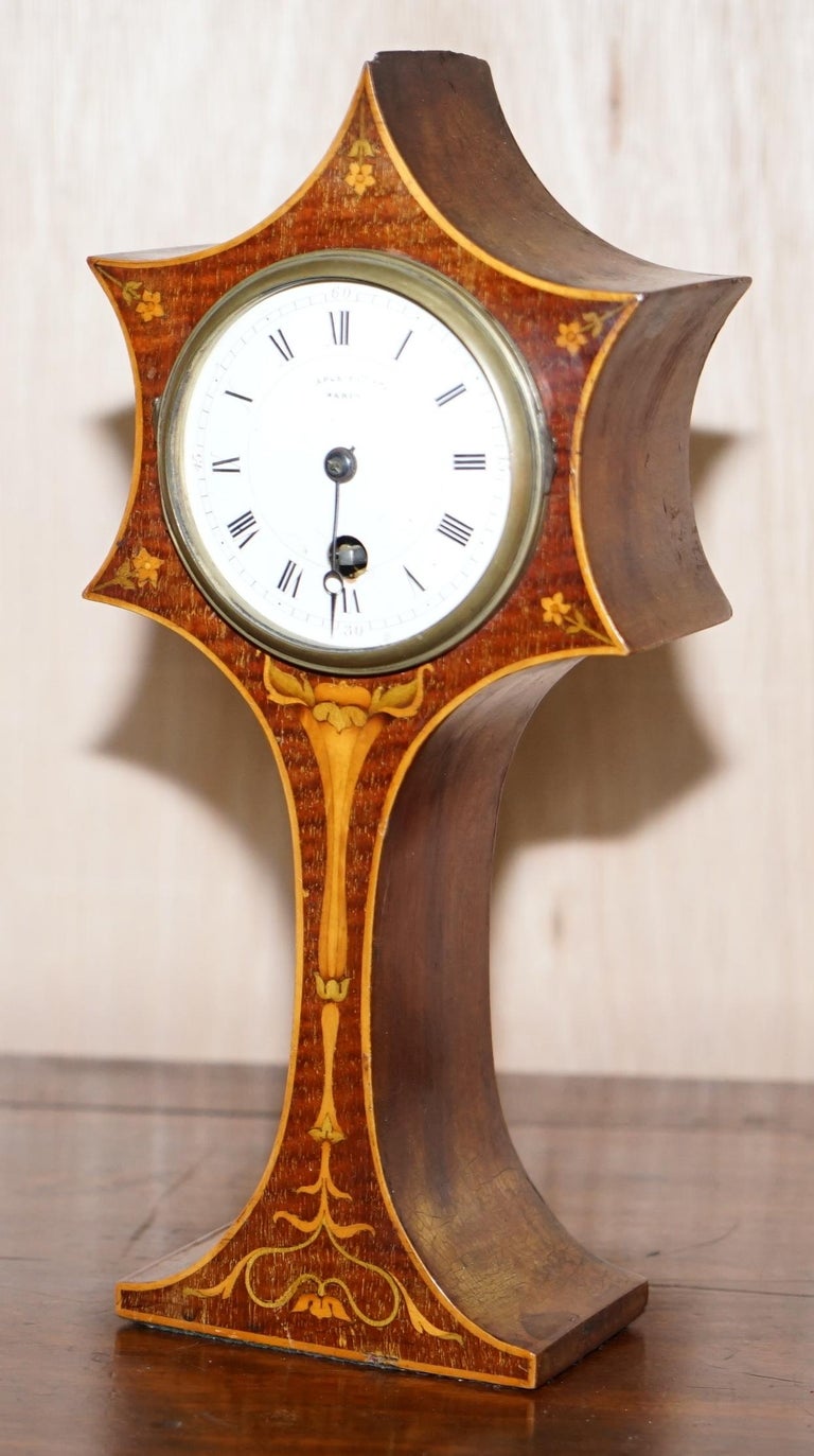 French Stunning Maple & Co Paris Art Nouveau Hardwood Marquetry Inlaid Mantle Clock For Sale