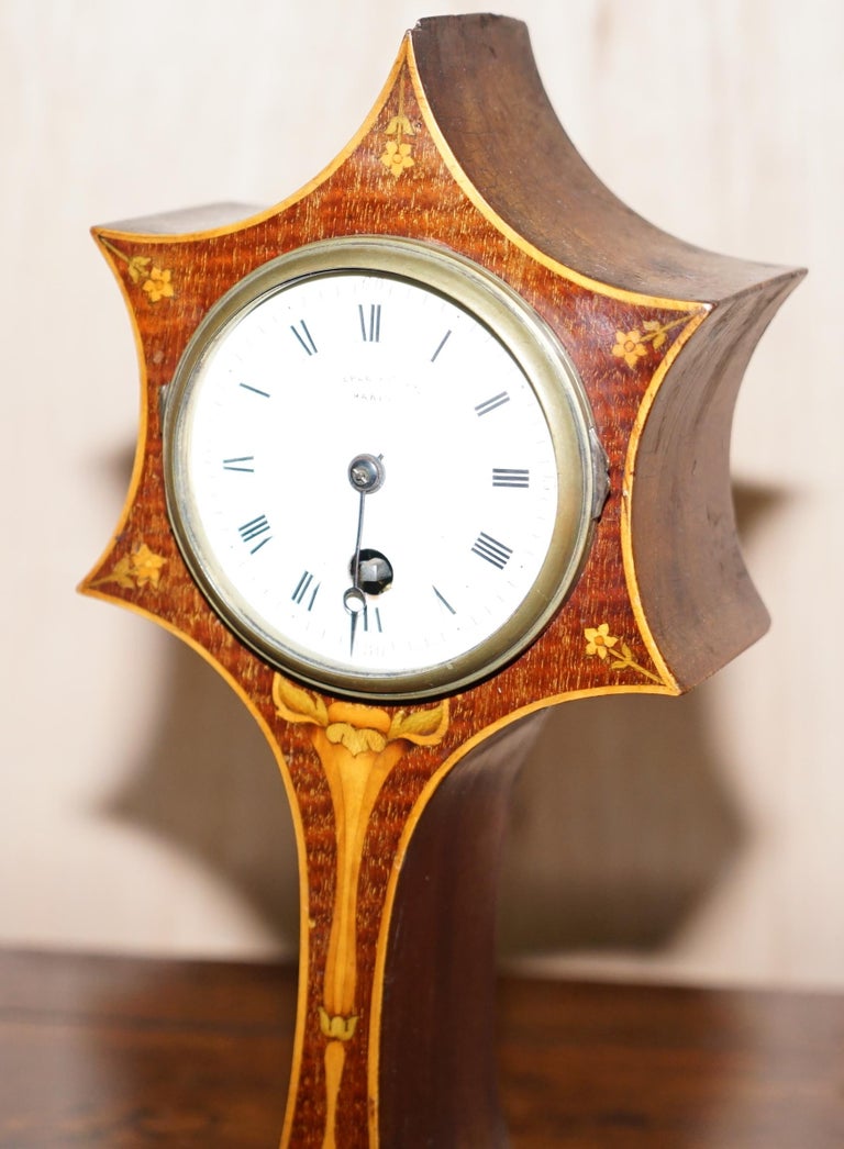 Hand-Crafted Stunning Maple & Co Paris Art Nouveau Hardwood Marquetry Inlaid Mantle Clock For Sale
