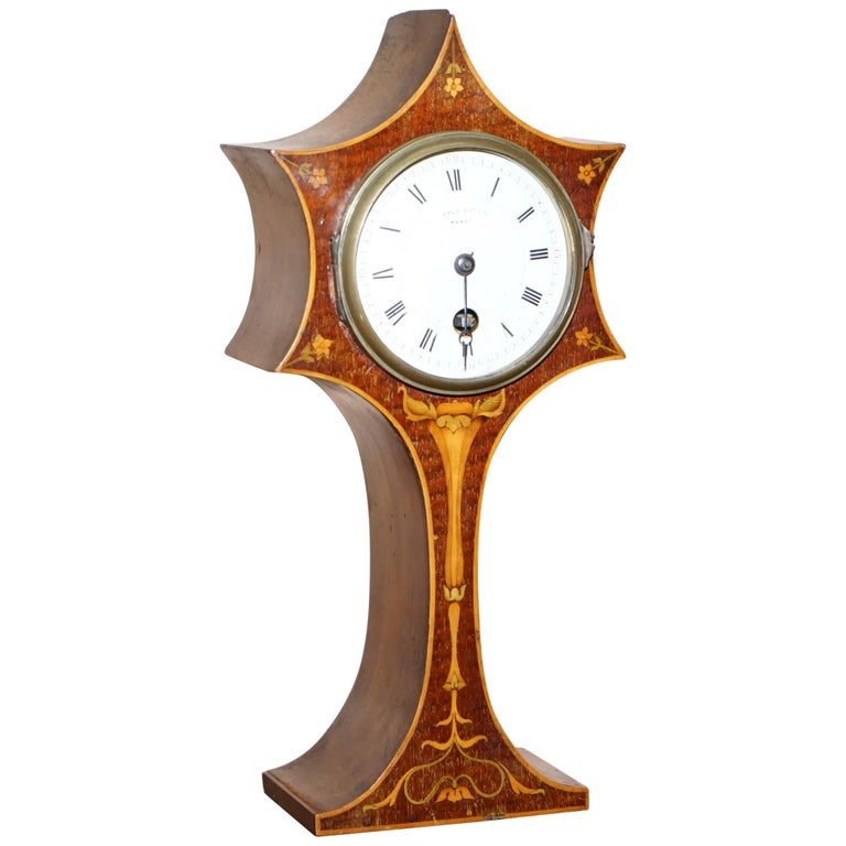 Stunning Maple & Co Paris Art Nouveau Hardwood Marquetry Inlaid Mantle Clock For Sale