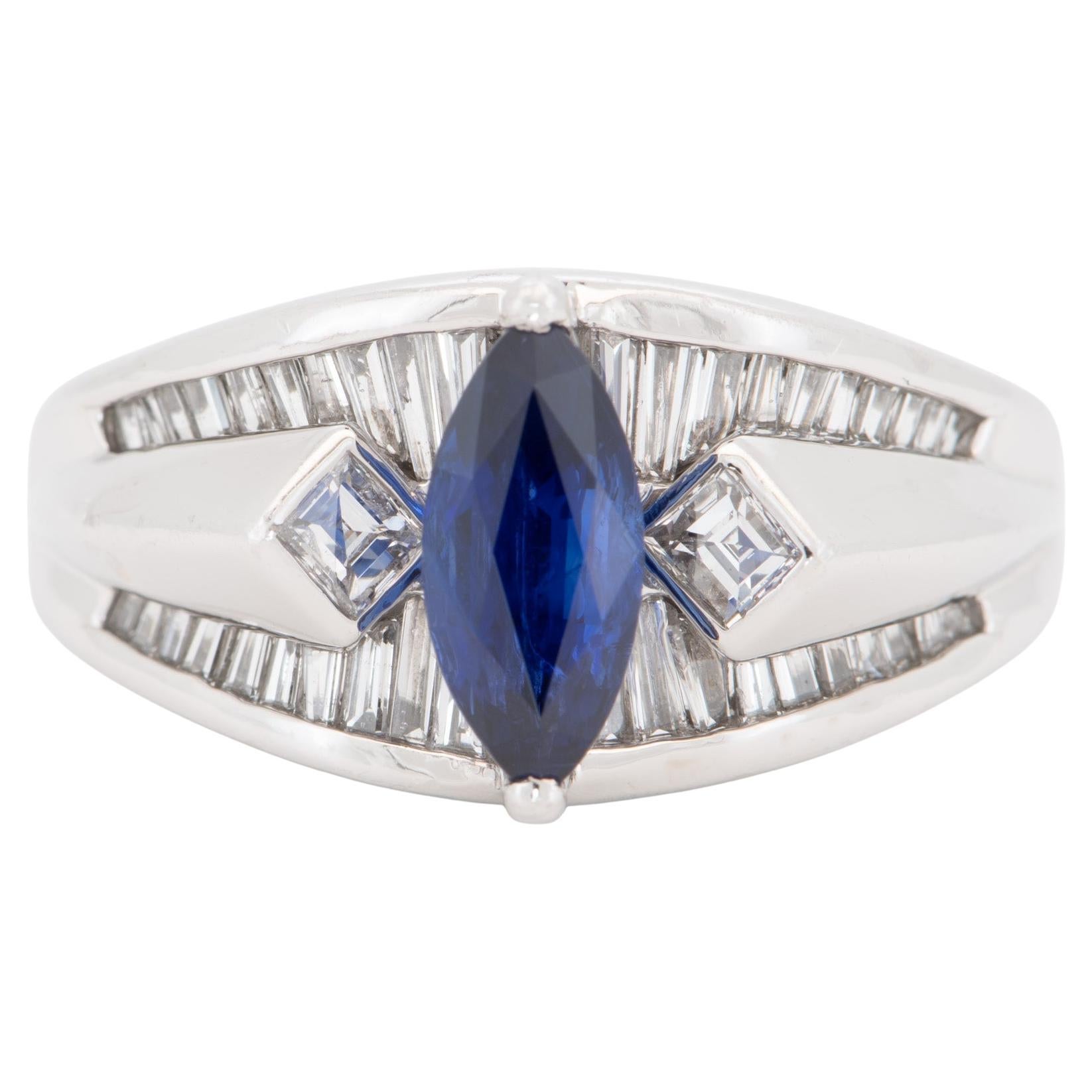 Stunning Marquise Sapphire with Baguette Diamond Engagement Ring PT900 Heavy 12g