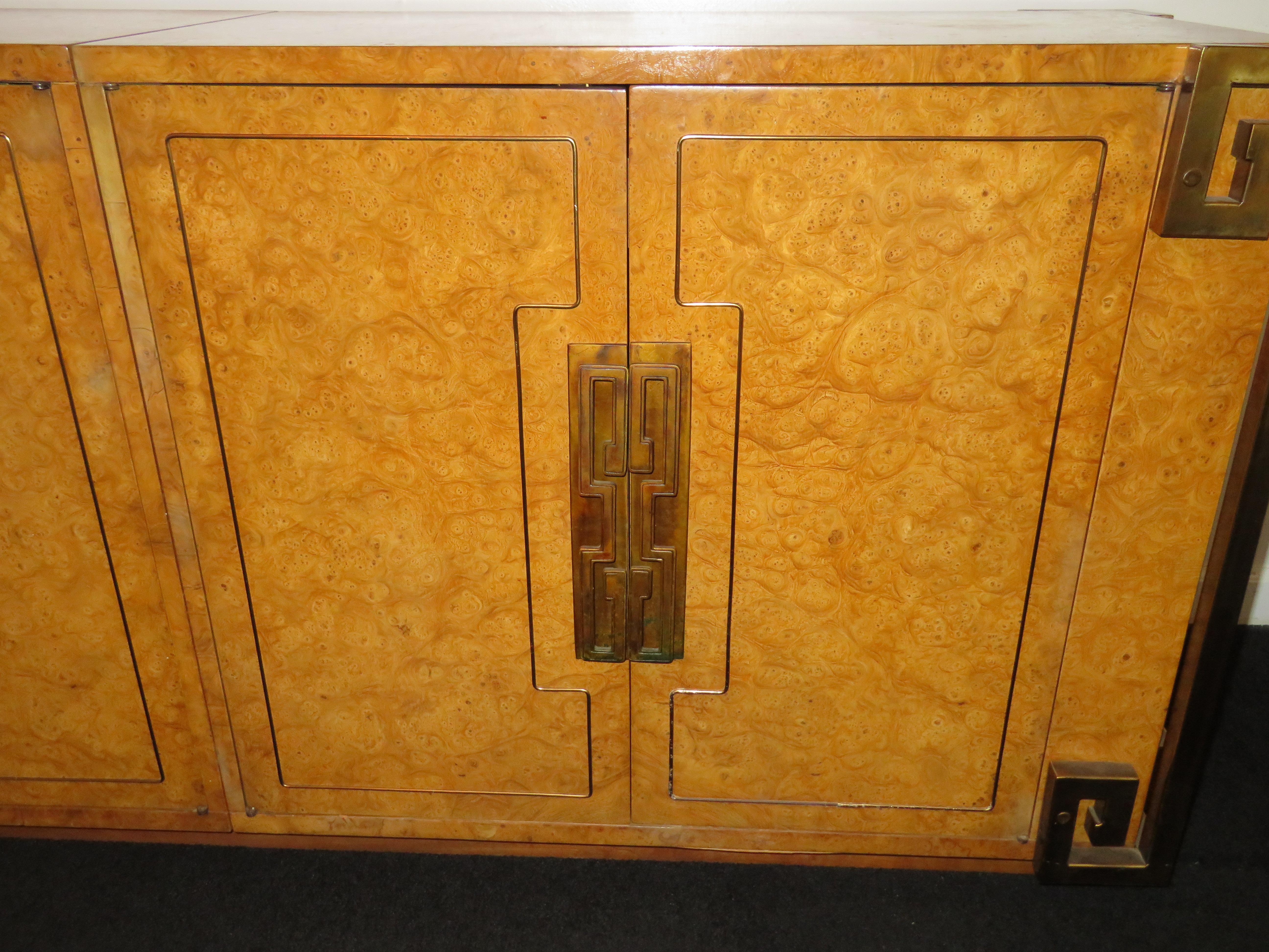 Stunning Mastercraft Amboyna Burl and Brass Greek Key Credenza Midcentury For Sale 5