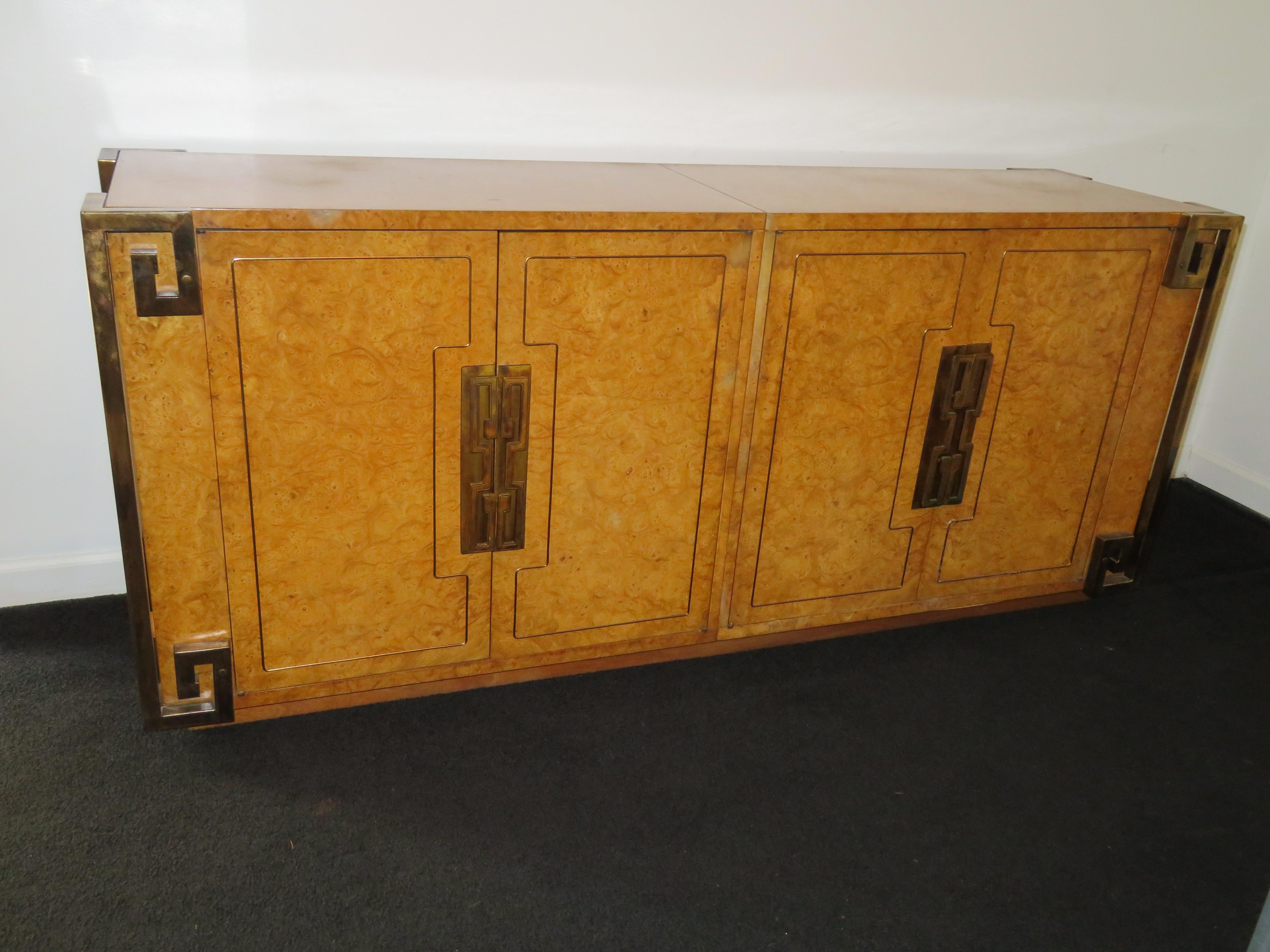 Stunning Mastercraft amboyna burl and brass Greek key credenza buffet. This is one of those pieces that actually takes your breath away when you see it! Gorgeous from every angle and in wonderful vintage condition! A Berhard Rohne masterwork for