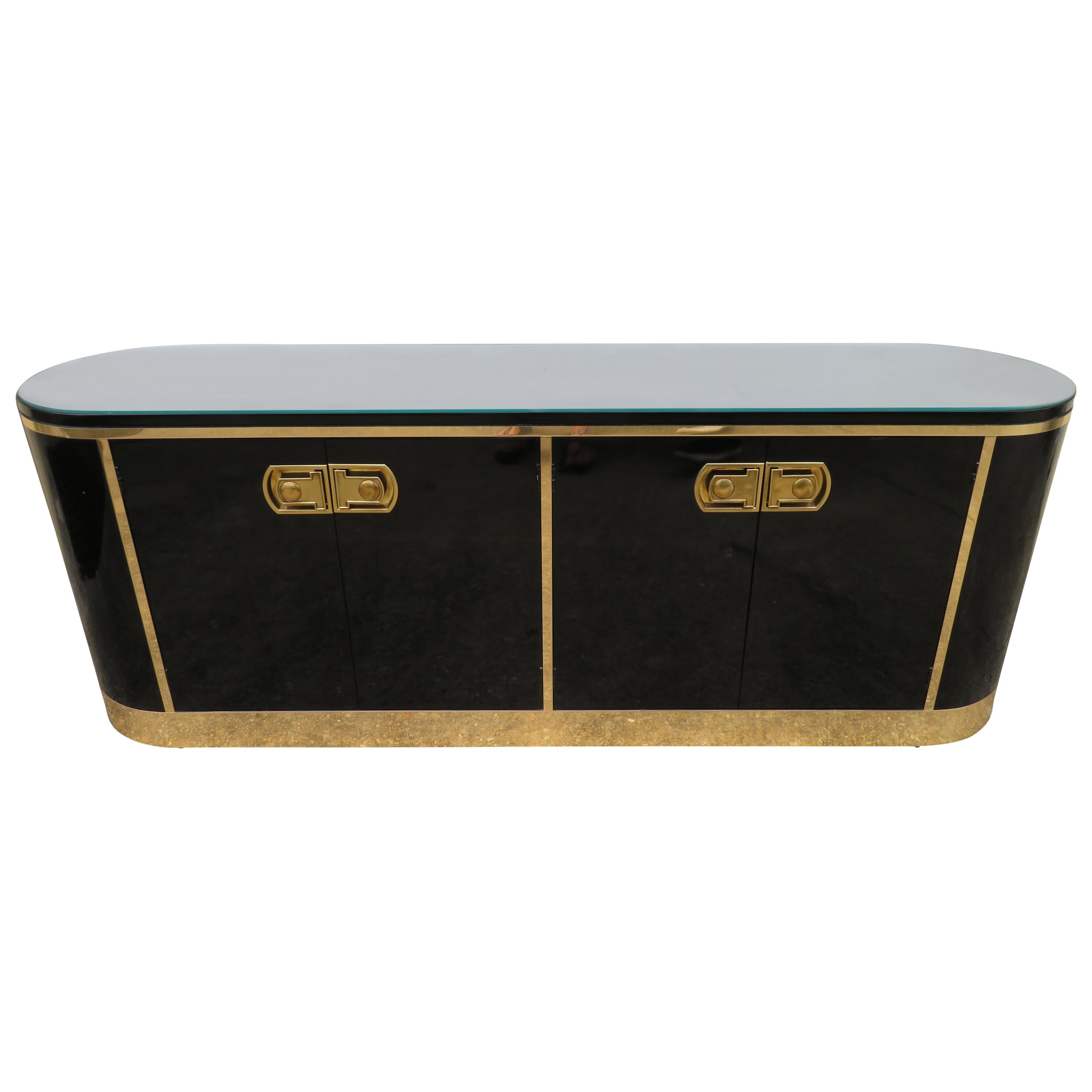 Stunning Mastercraft Black Lacquer and Polished Brass Credenza Midcentury